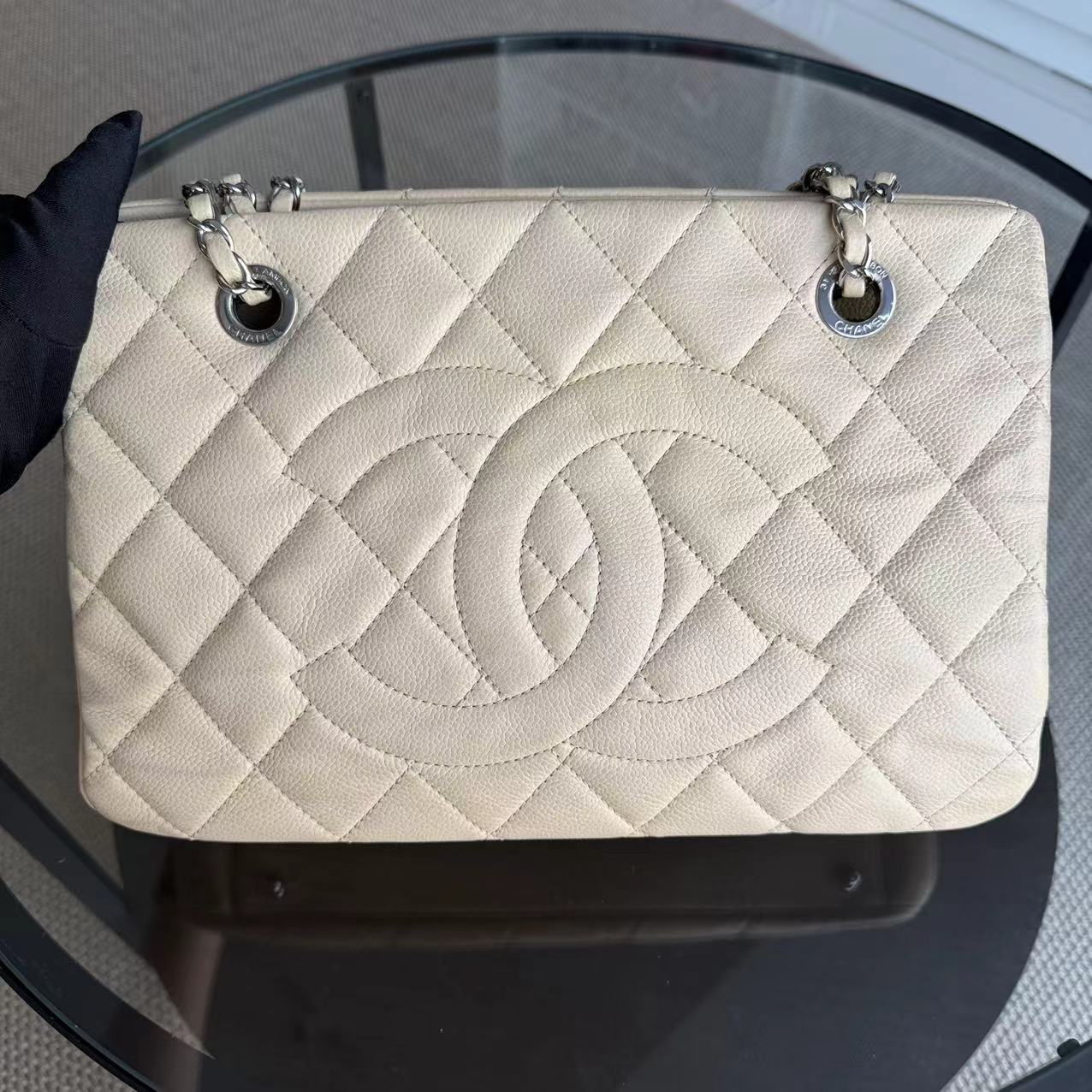 Chanel Petite Timeless Tote - Caviar Quilted Seasonal Beige Silver Hardware Shoulder Bag Series 15