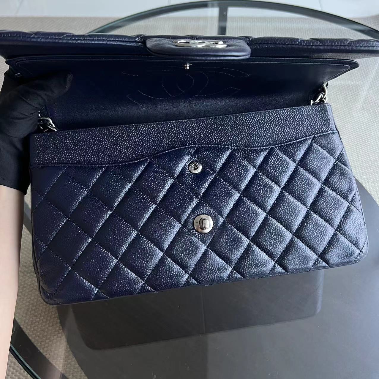 Caviar Jumbo Double Flap Classic Flap Quilted Grained Calfskin Dark Blue Silver Hardware Series 19