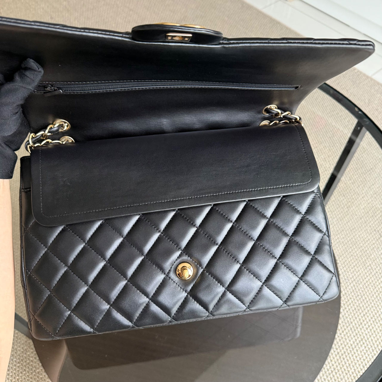 Chanel Classic Flap Maxi - Double Flap Quilted Lambskin Black Gold Hardware Series 16