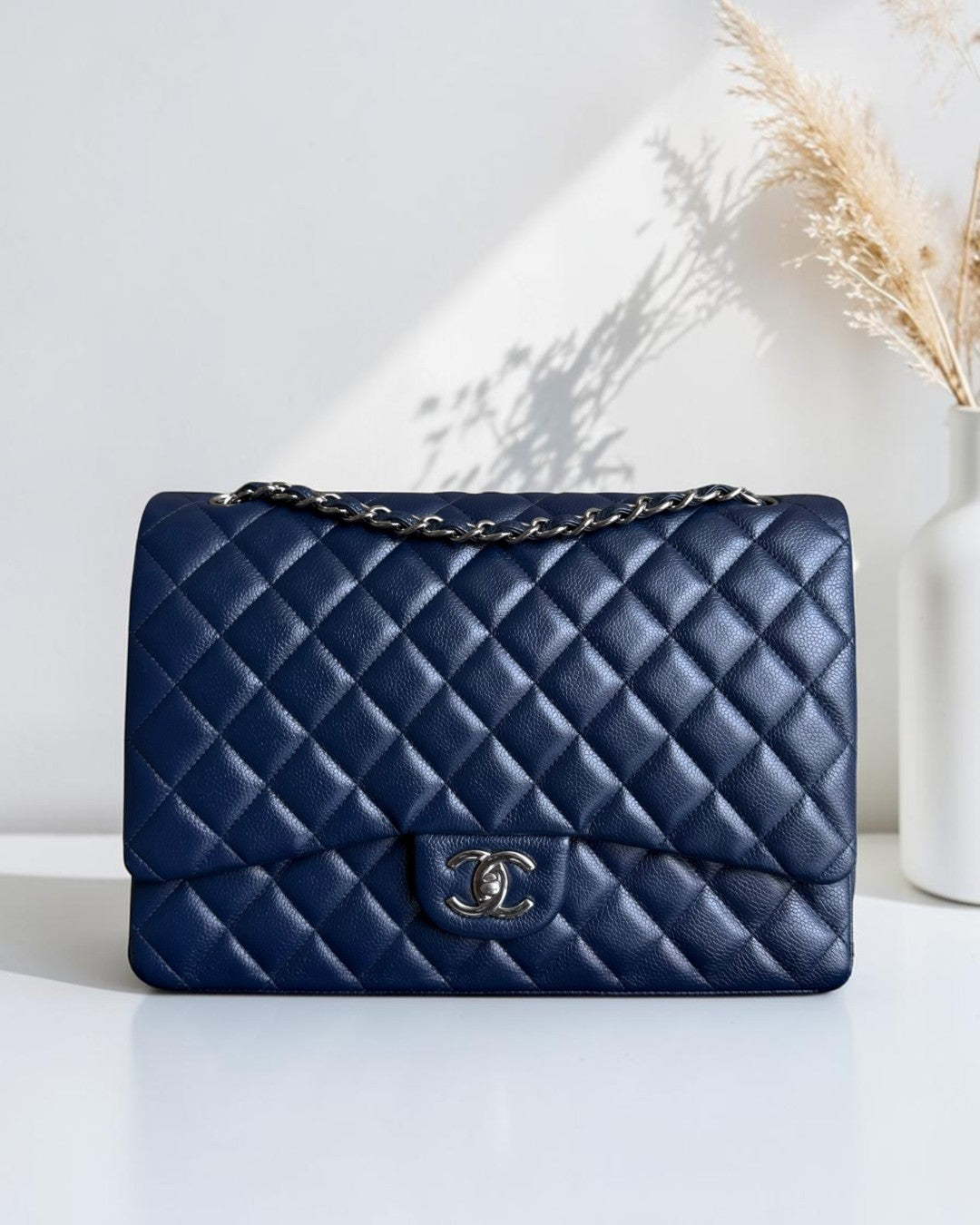Chanel Classic Flap Maxi - Caviar Double Flap 34CM Quilted Dark Blue Silver Hardware Series 15