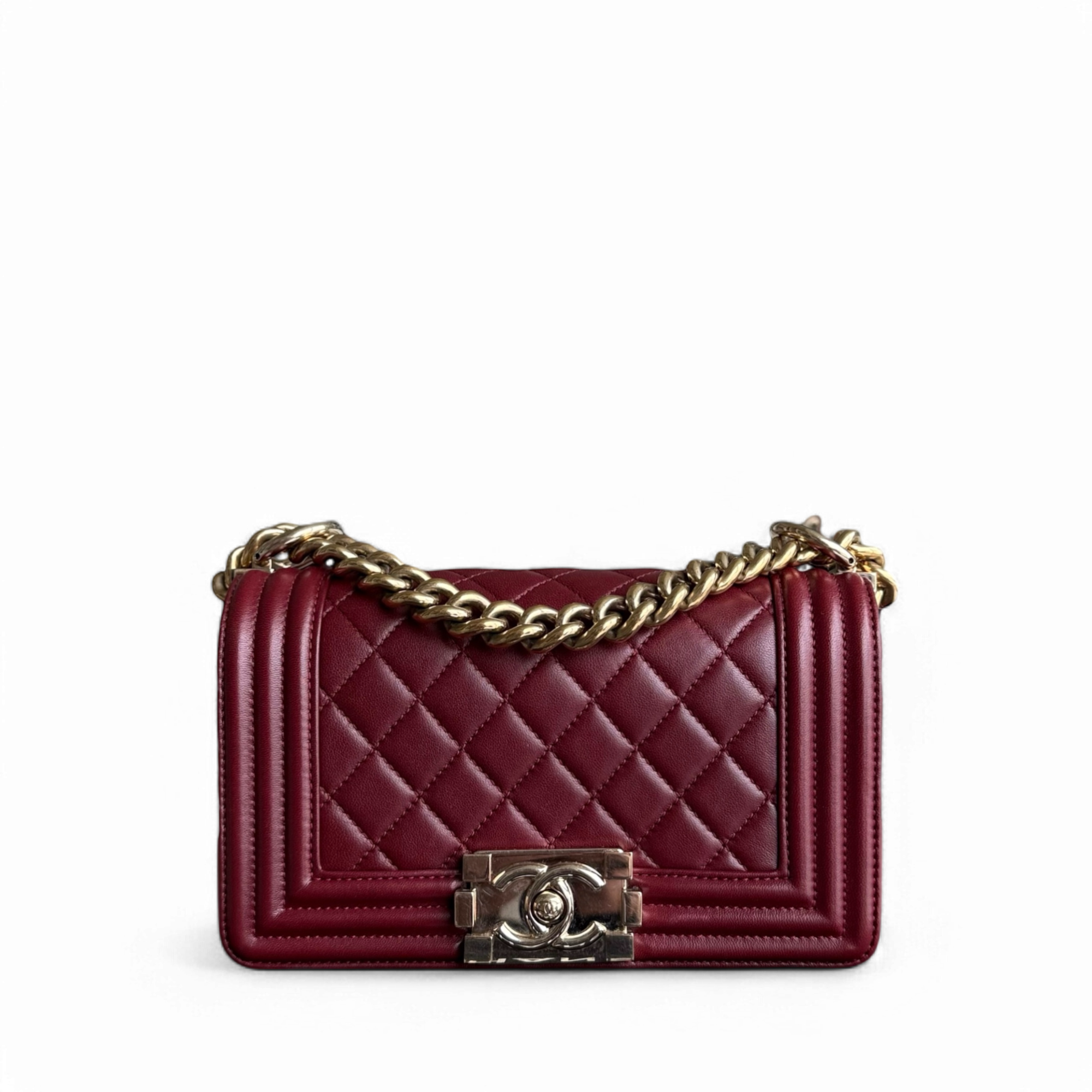 Chanel Boy Small - 20CM Quilted Lambskin Burgundy Dark Red Gold Harwdare Series 22