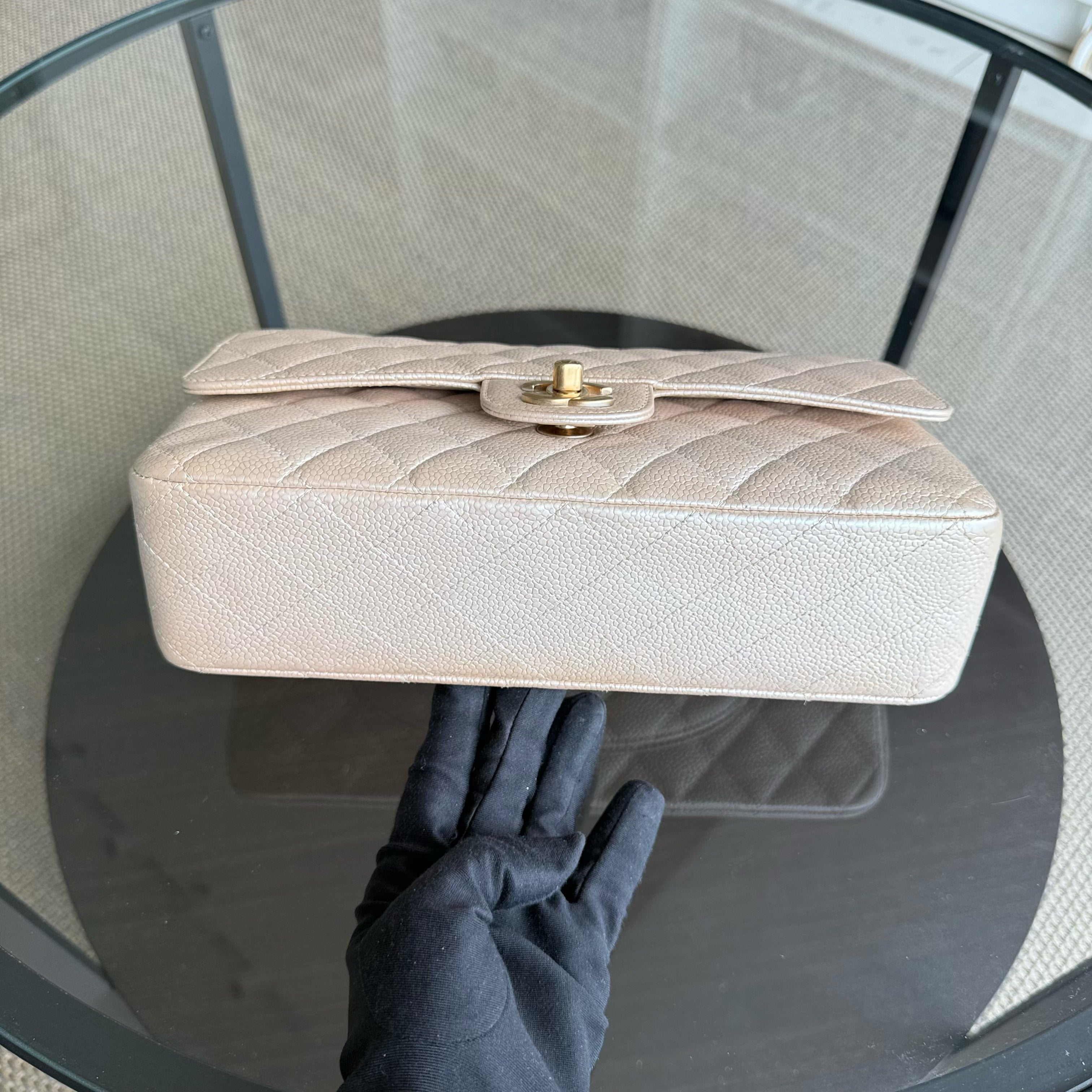 Chanel Classic Flap Medium - Caviar 25CM Quilted Pearl Iridescent Beige Gold Hardware Series 16