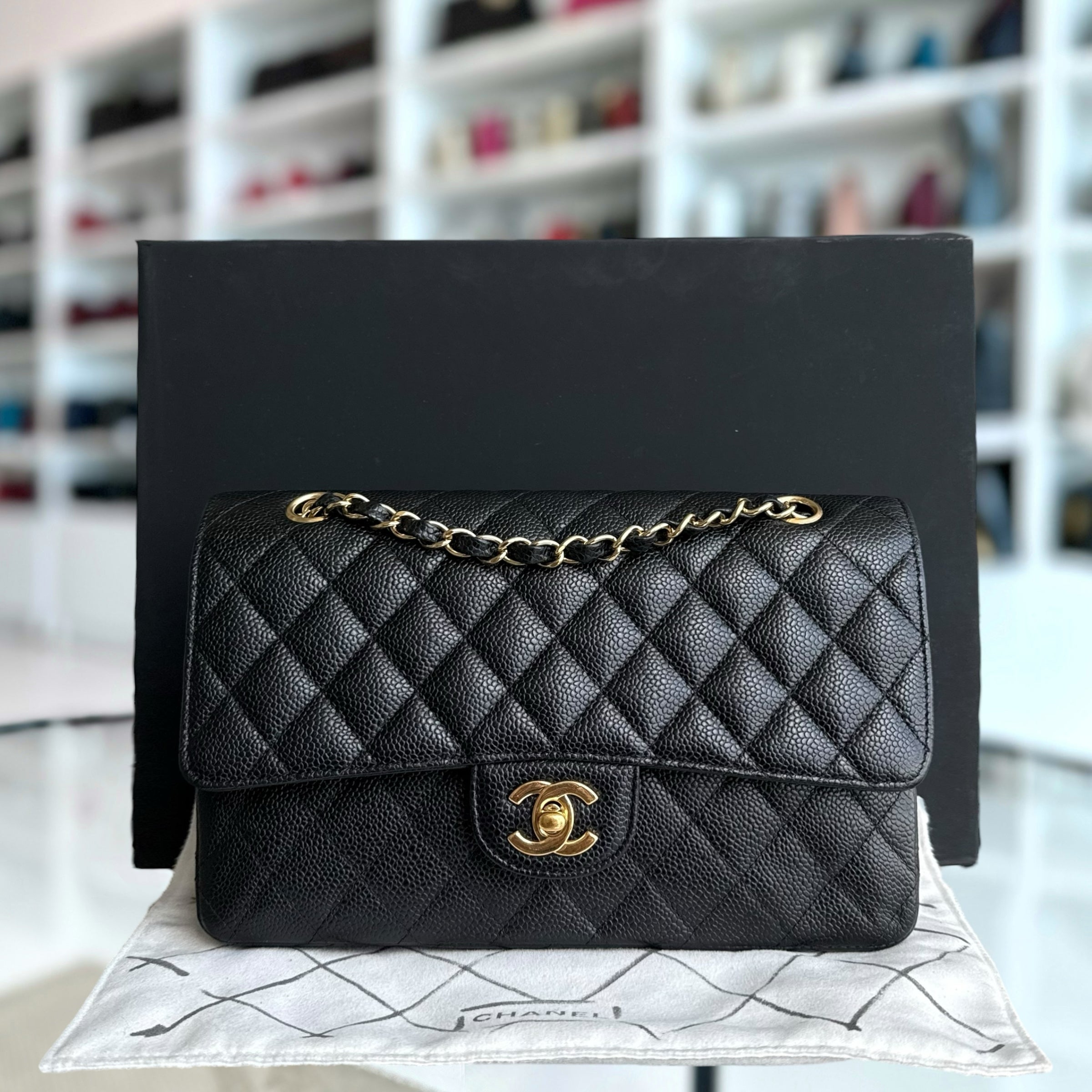 Chanel Classic Flap Medium - Caviar 25CM Quilted Black Gold Hardware Series 13