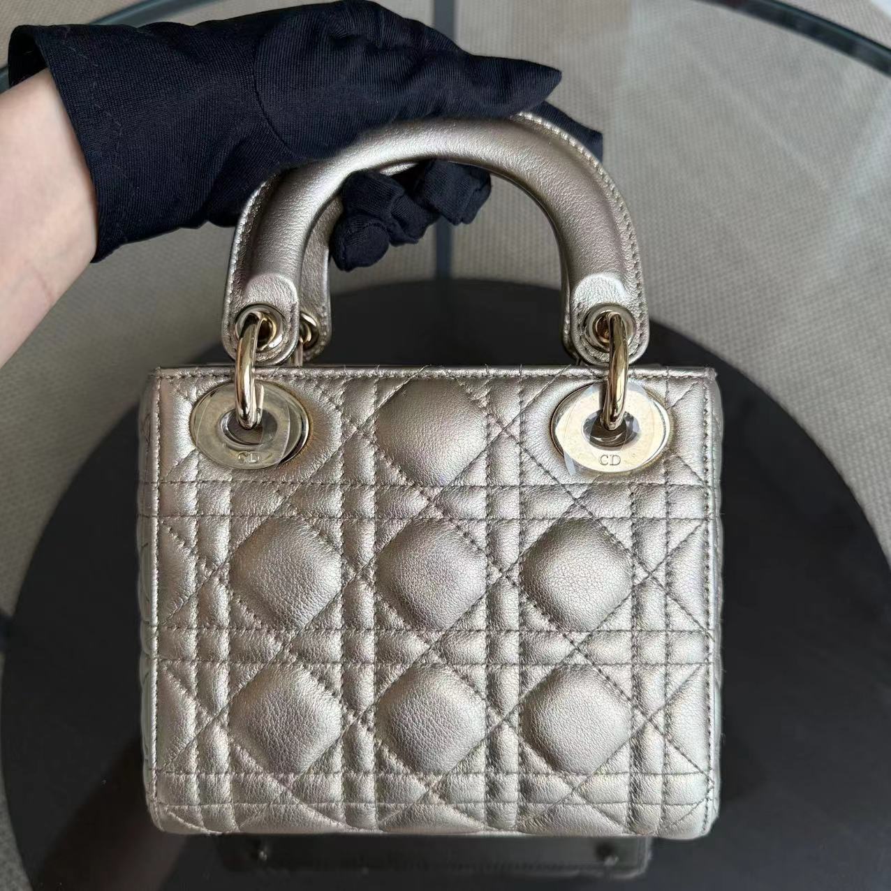 Dior Lady Mini - Lambskin Metallic Cannage Gold Hardware