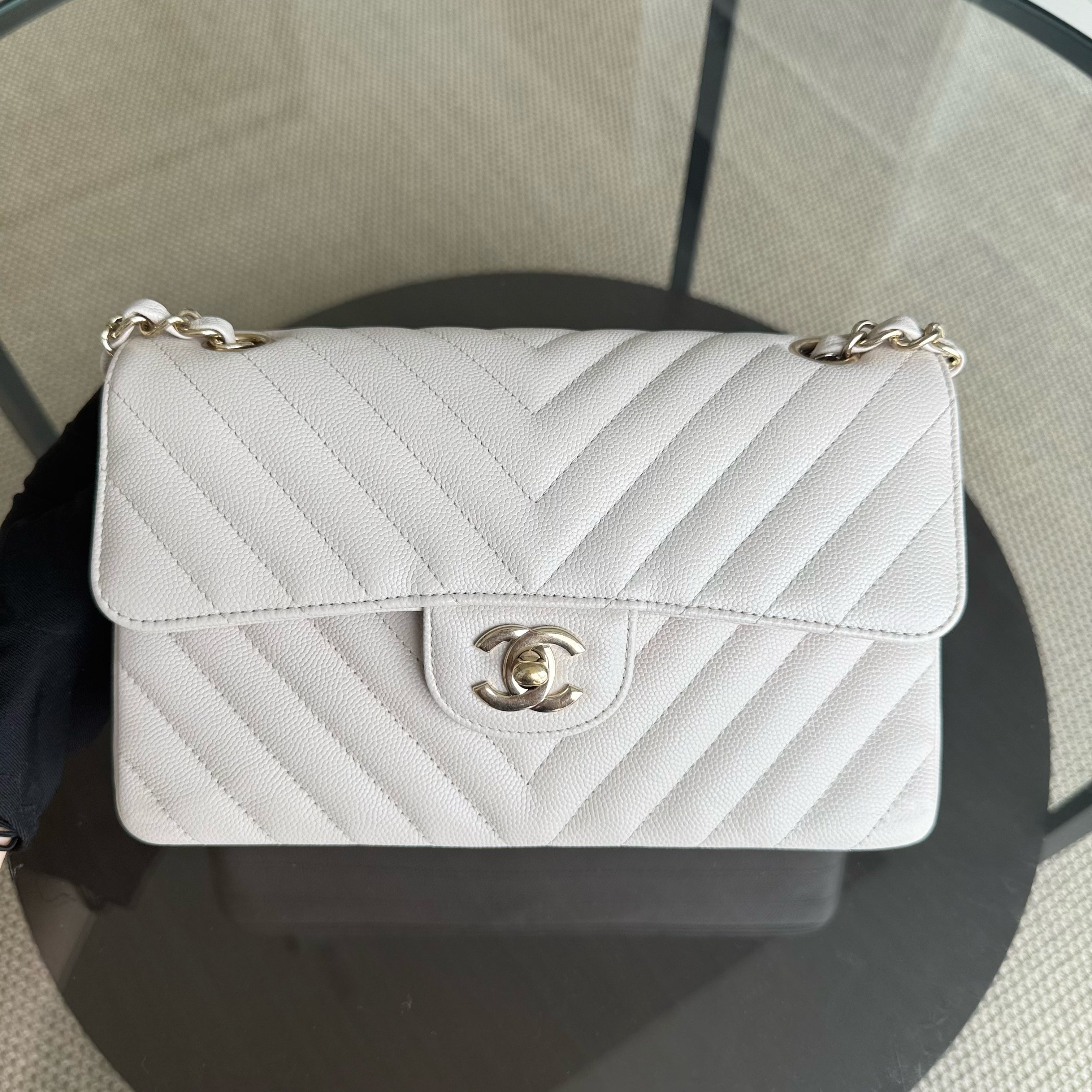 Chanel Classic Flap Small - Caviar 23CM Chevron Cream White Gold Hardware Series 26