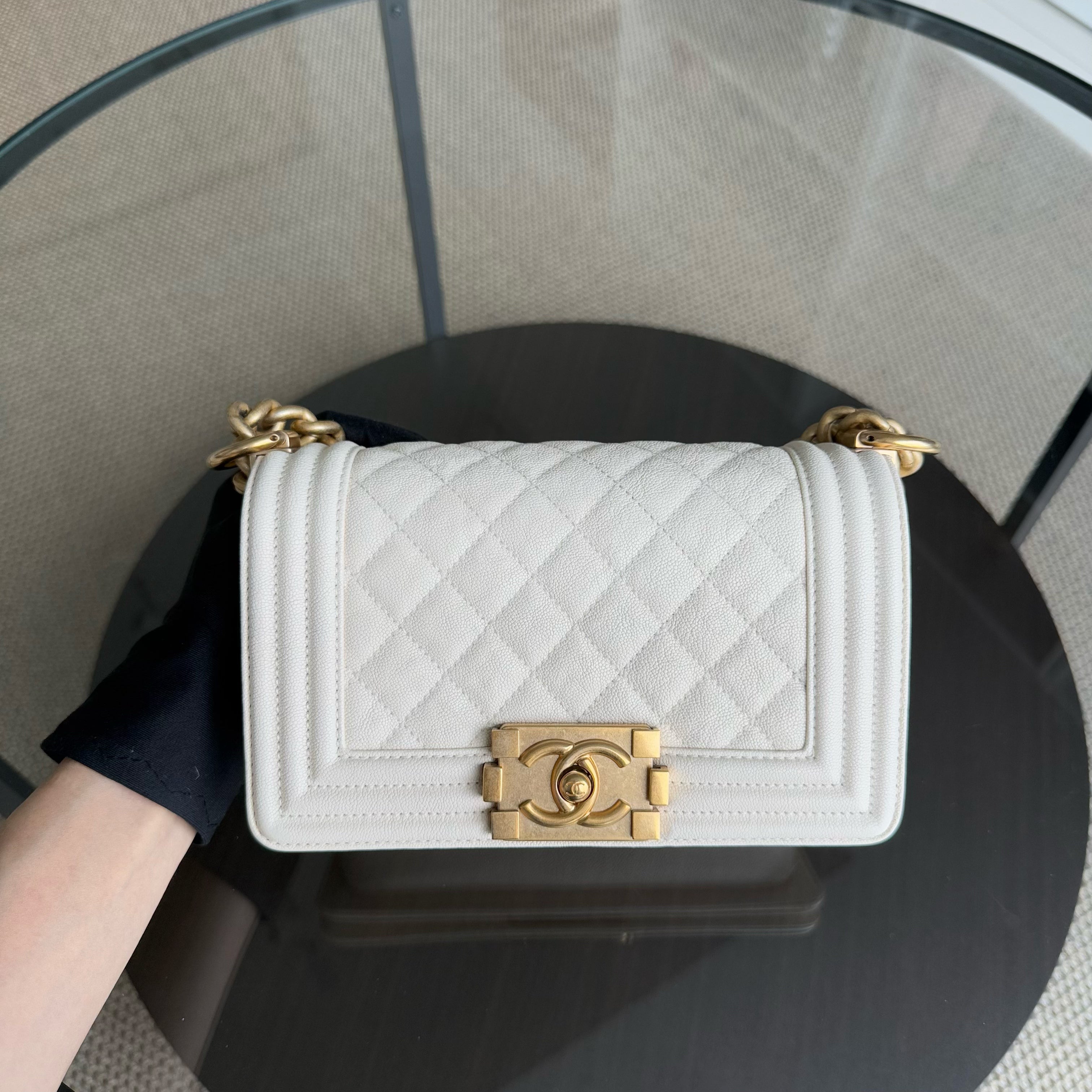 Chanel Boy Small - Caviar Quilted Cream White Gold Hardware