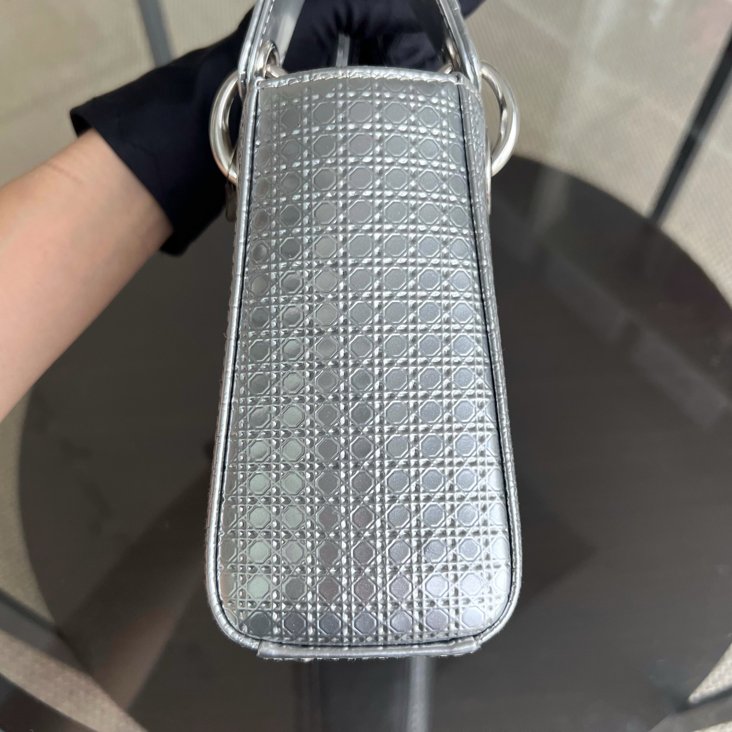 Dior Lady Mini - Metallic Calfskin Micro Cannage Silver Hardware Chain strap