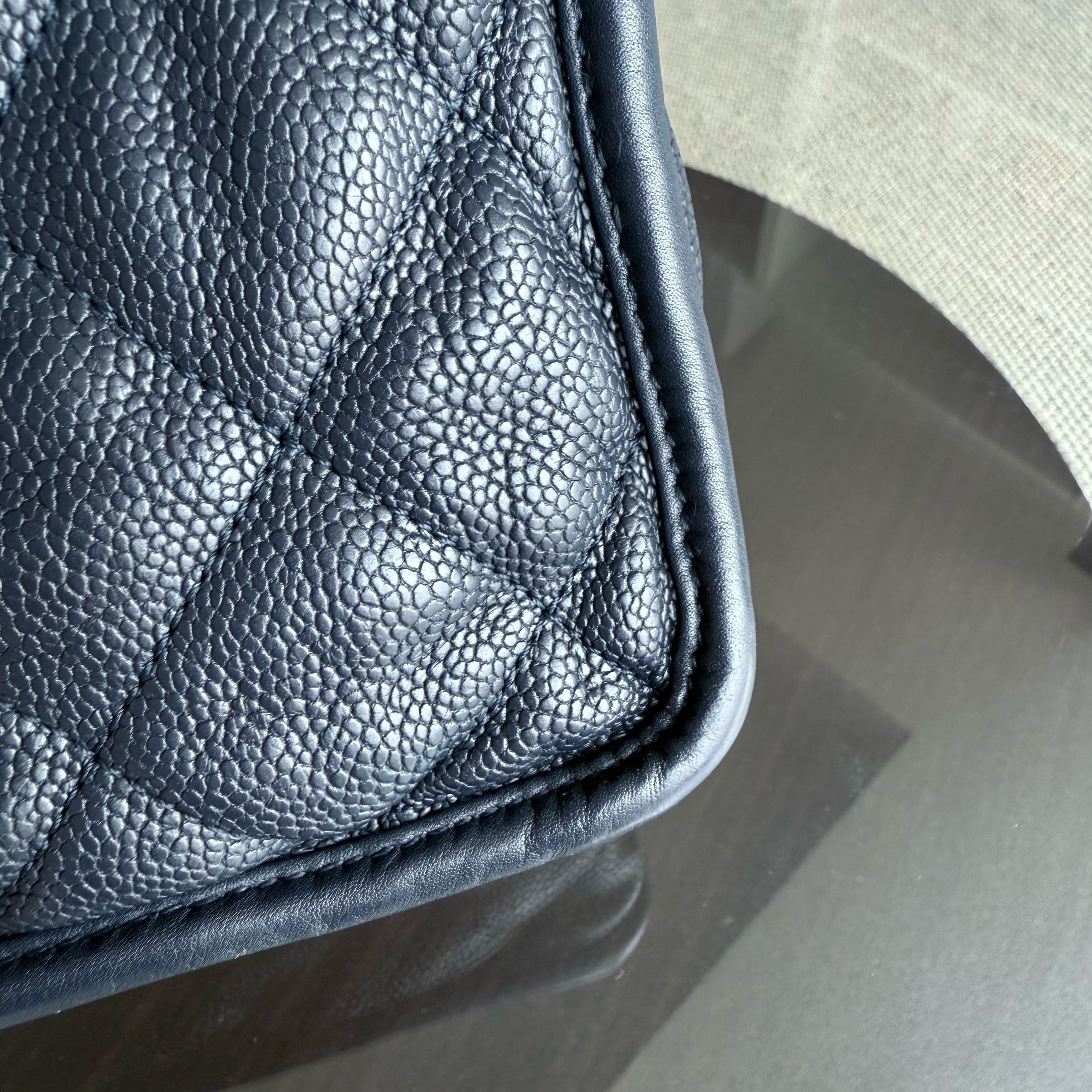 Chanel Seasonal Flap French Riviera Jumbo - Caviar 30CM Quilted Calfskin Dark Blue Silver Hardware Series 19