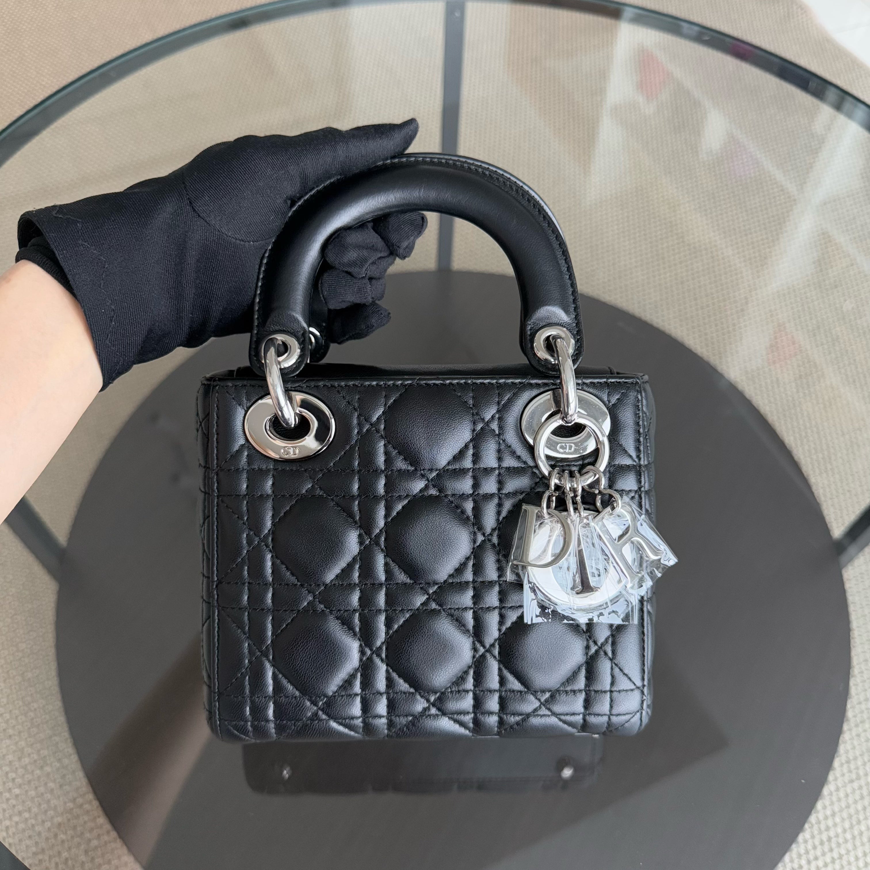 Dior Lady Mini - Cannage Lambskin 17CM Black Silver Hardware Adjustable Strap