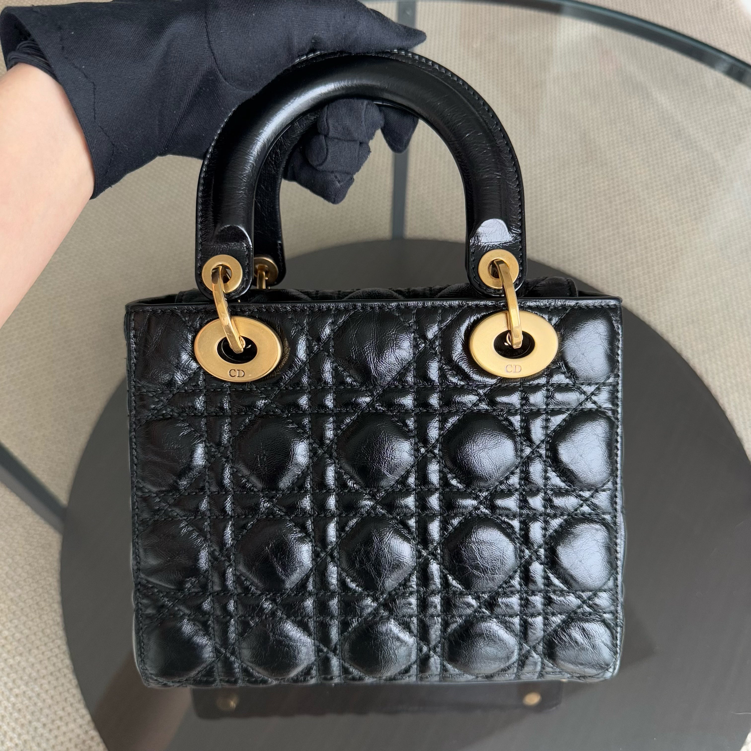 Dior Lady Small - Glazed Calfskin Cannage Black Gold Hardware