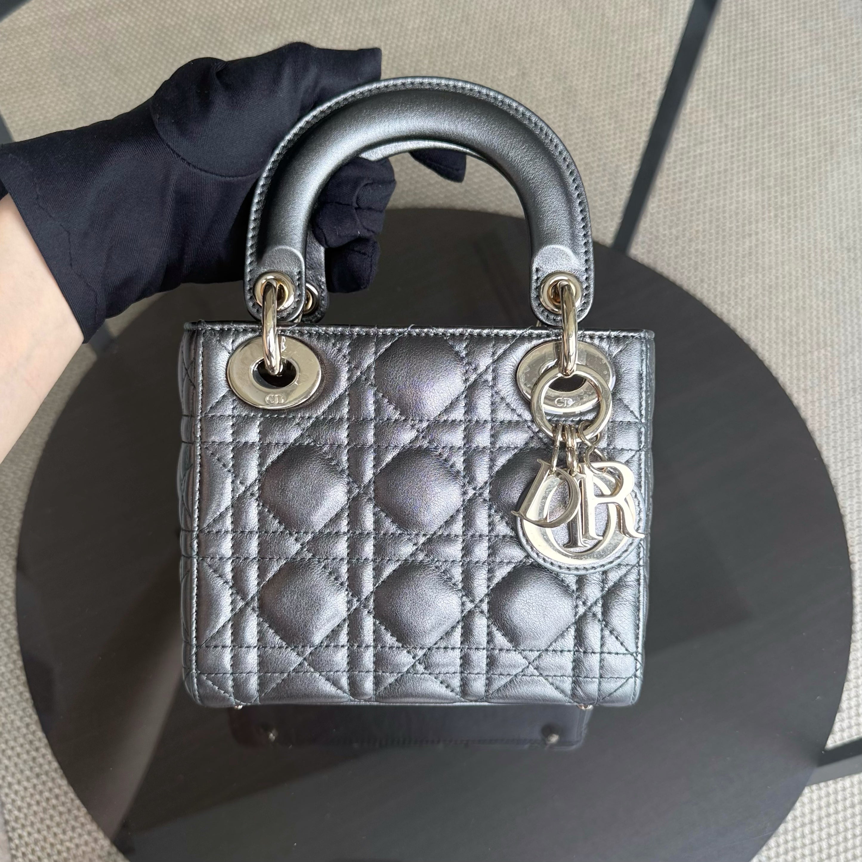 Dior Lady Mini - Cannage Calfskin Silver Gunmetal Gold Hardware Chain Strap