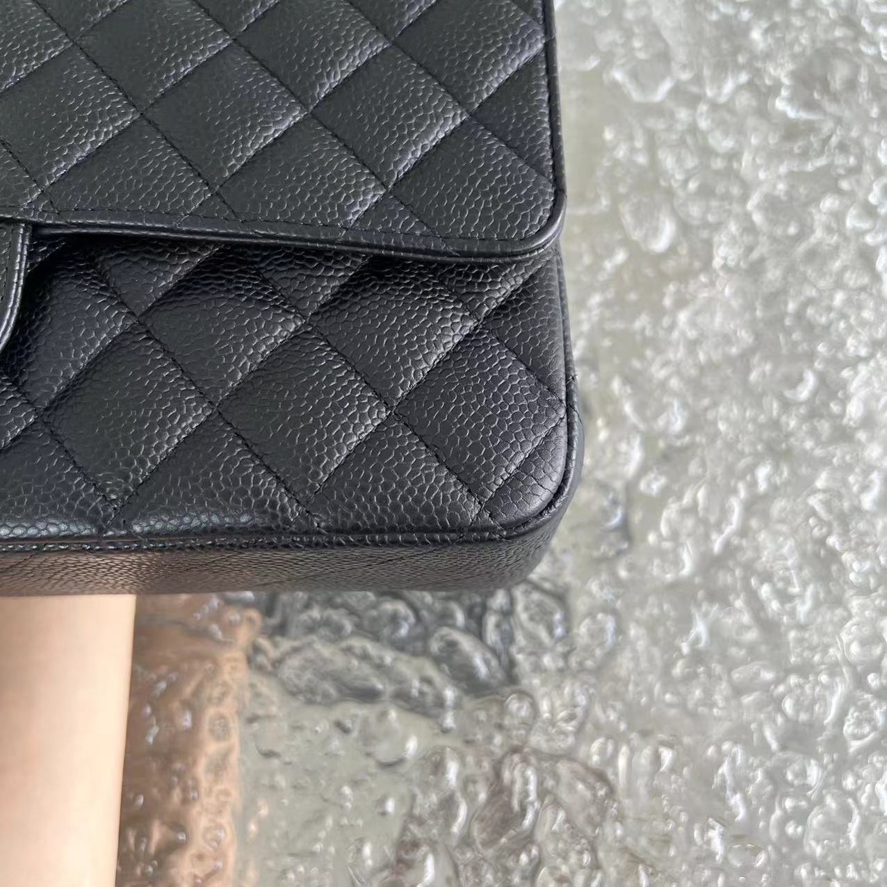 Caviar Double Flap Quilted Calfskin Black Silver Hardware Series 14