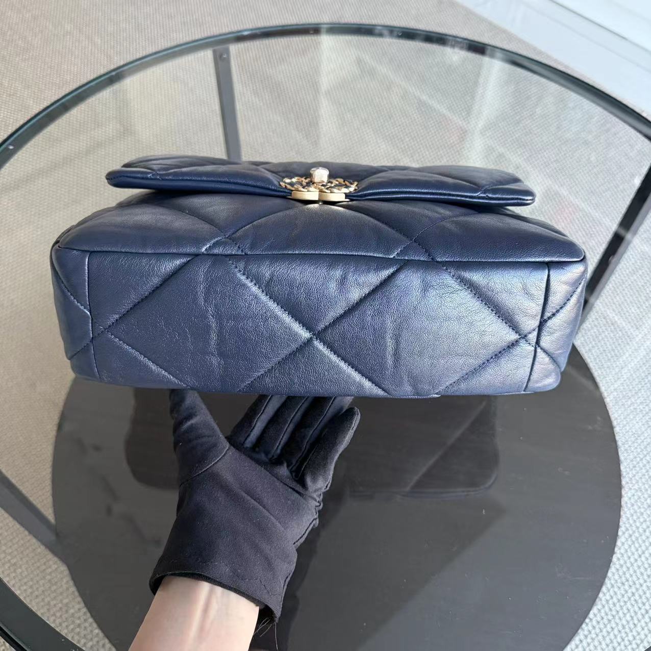 Chanel 19 Medium - C19 Quilted Goatskin Dark Navy Blue Shoulder Bag Two-tone Hardware Series 29