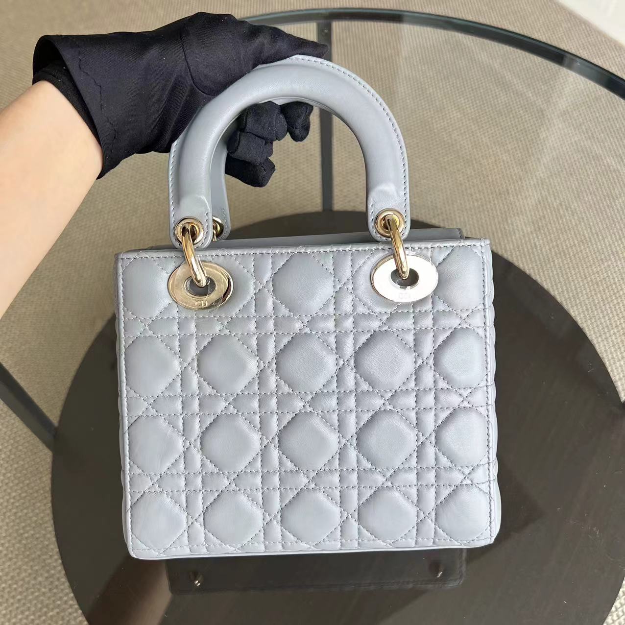 Dior Lady Small Size Lambskin Cannage Grey Gray Golden Hardware ABC