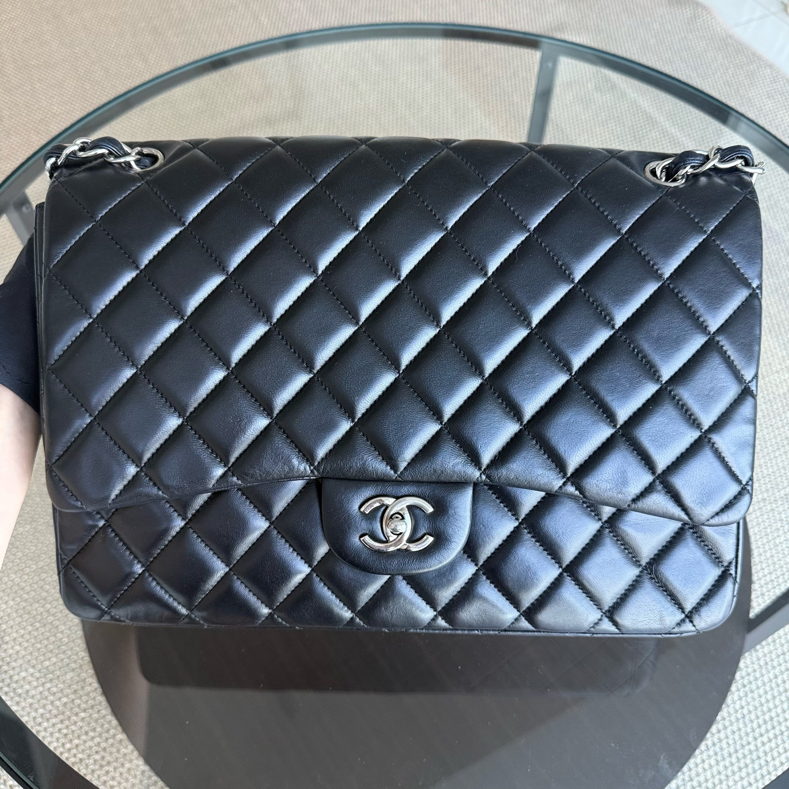 Chanel Classic Flap Maxi - 33CM Quilted Single Flap Lambskin Black Silver Hardware