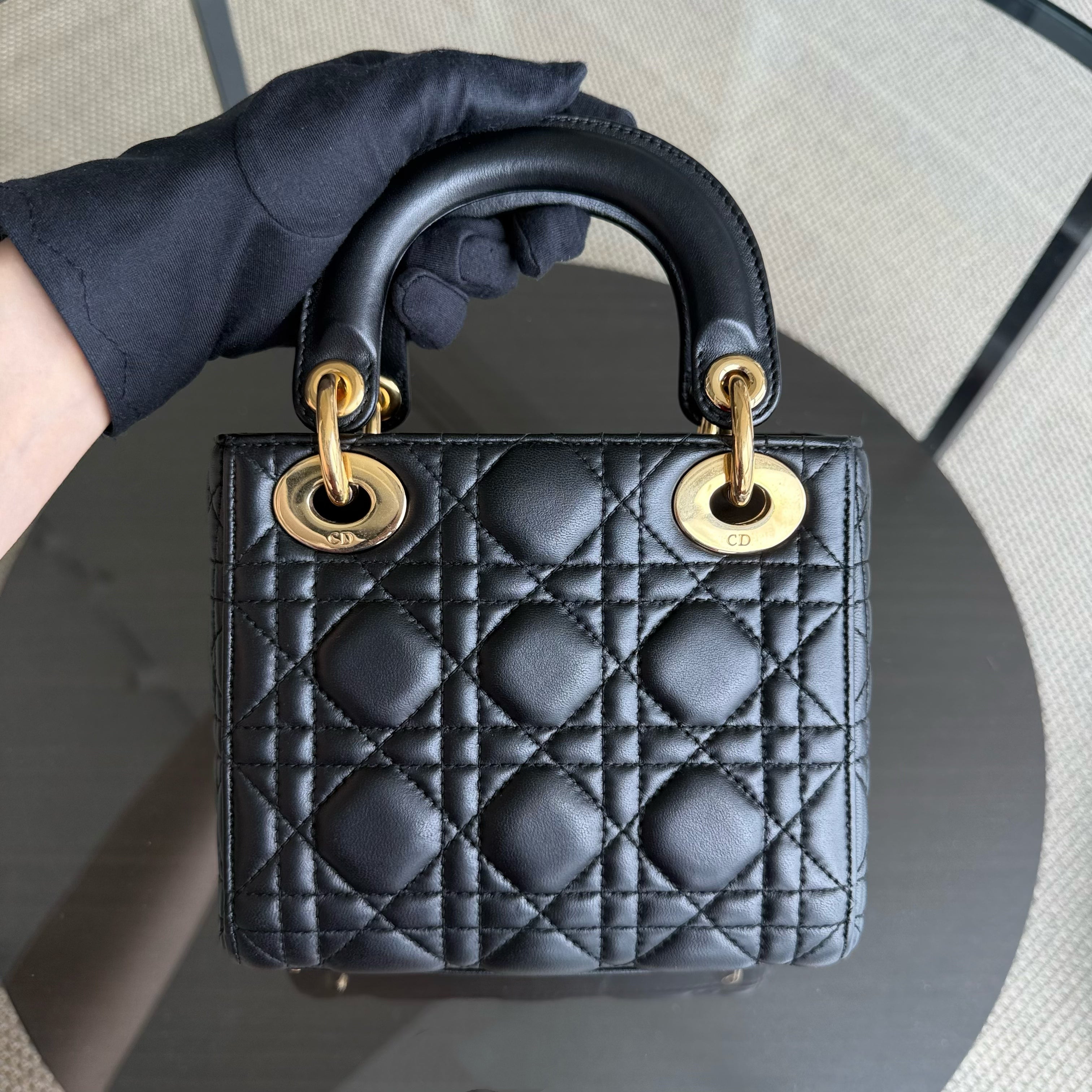 Dior Lady Mini - Cannage Lambskin Black Gold Hardware Adjustable Strap