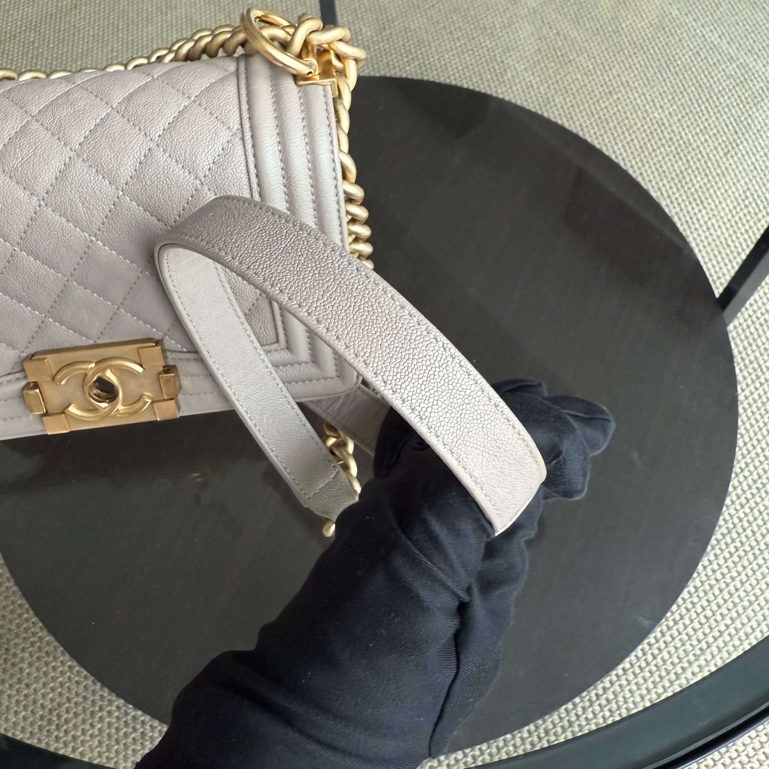 Chanel Boy Small - Caviar 20CM Quilted Grained Calfskin Grey Gray Gold Hardware Series 26