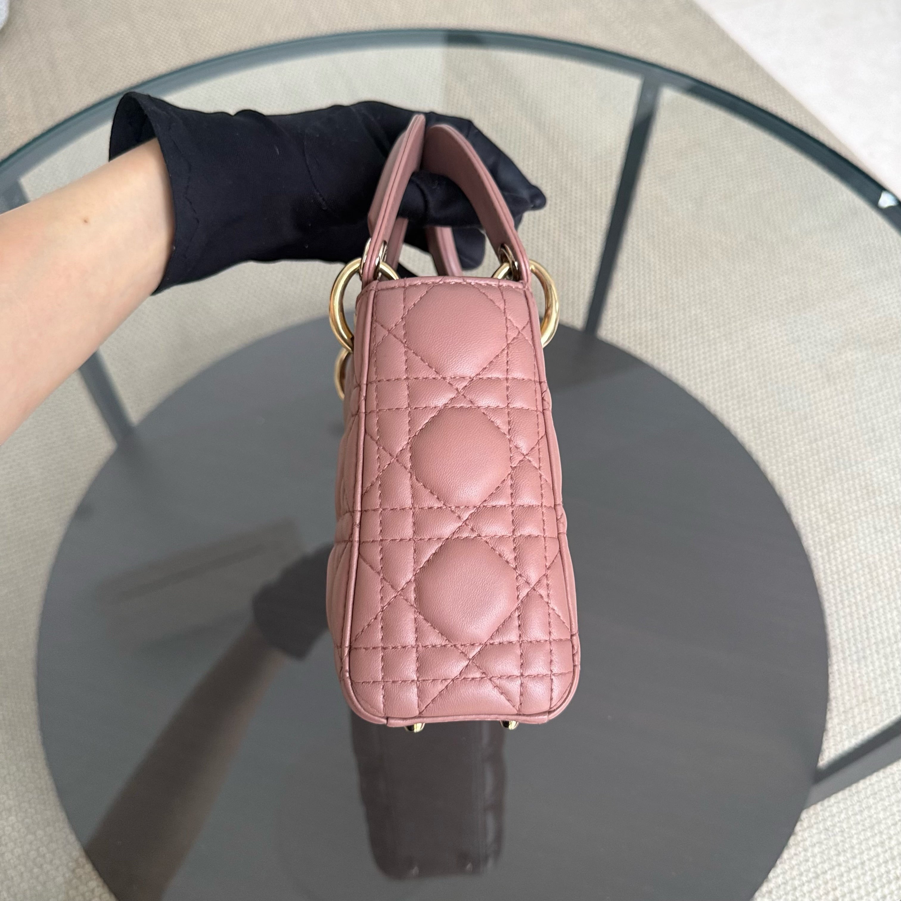 Dior Lady Mini - Cannage Lambskin Blush Gold Hardware Chain Strap