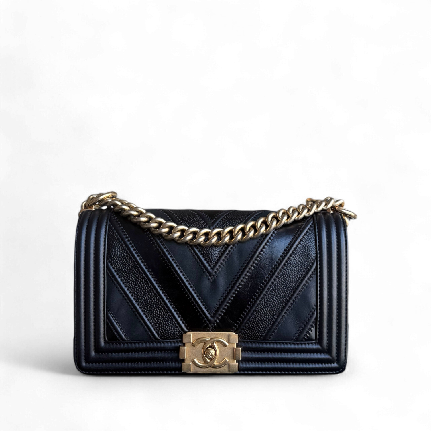Chanel Boy Medium - 25CM Quilted Calfskin Black Gold Hardware Series 22