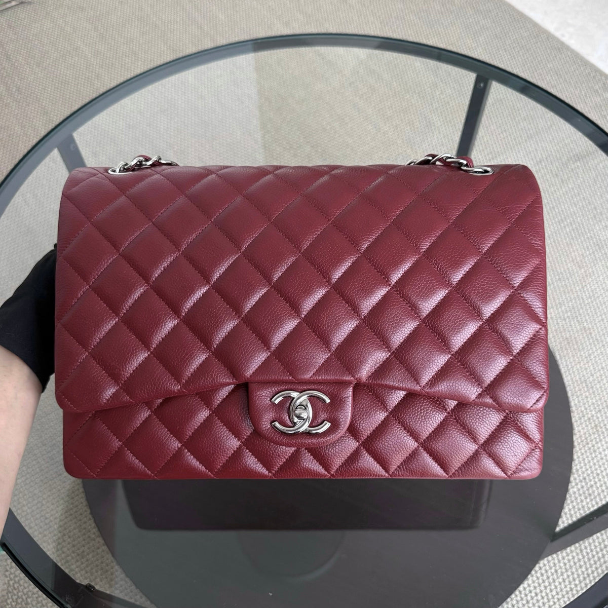 Chanel Classic Flap Maxi - Caviar 33CM Double Flap Burgundy Silver Hardware Series 15