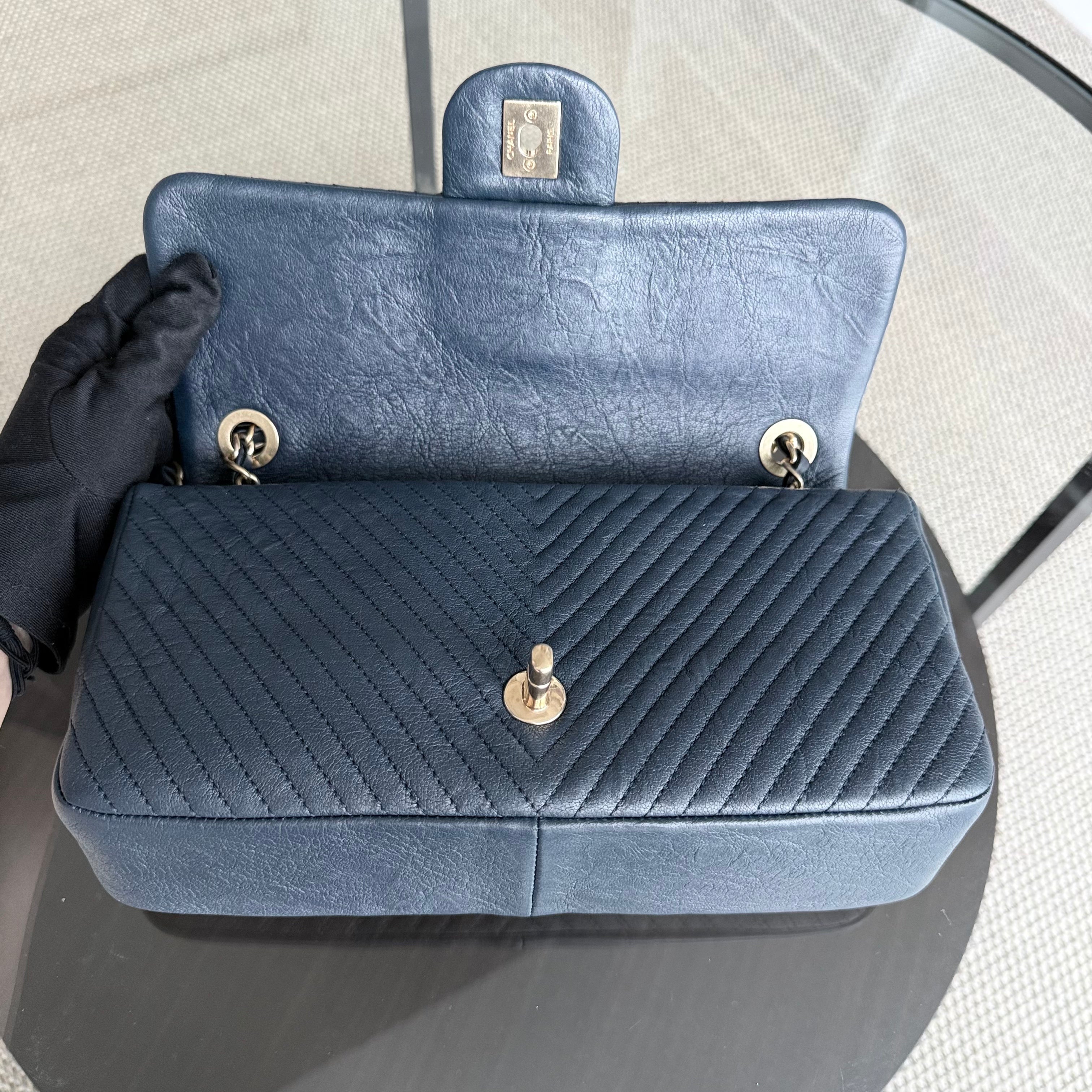 Chanel Seasonal Herringbone Medium Flap - Calfskin Chevron Blue Distressed Aged Gold Hardware Series 21