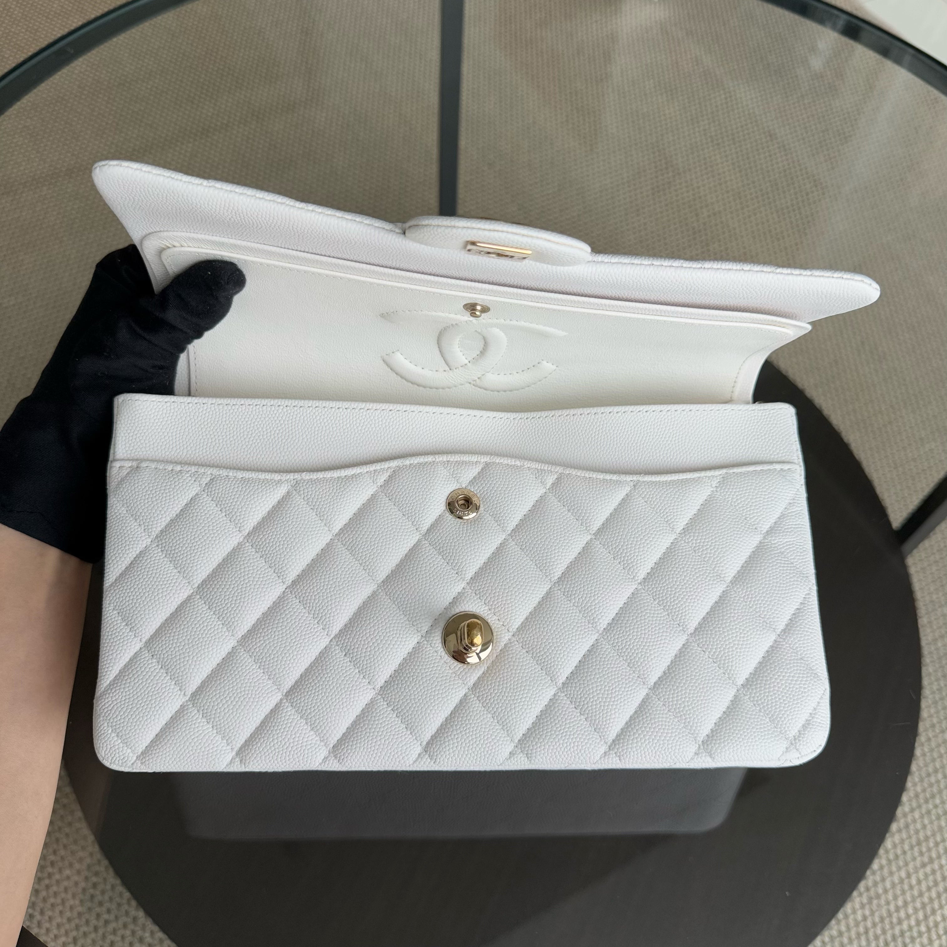 Chanel Classic Flap Medium - Caviar 25CM Quilted Snow White Gold Hardware Series 27