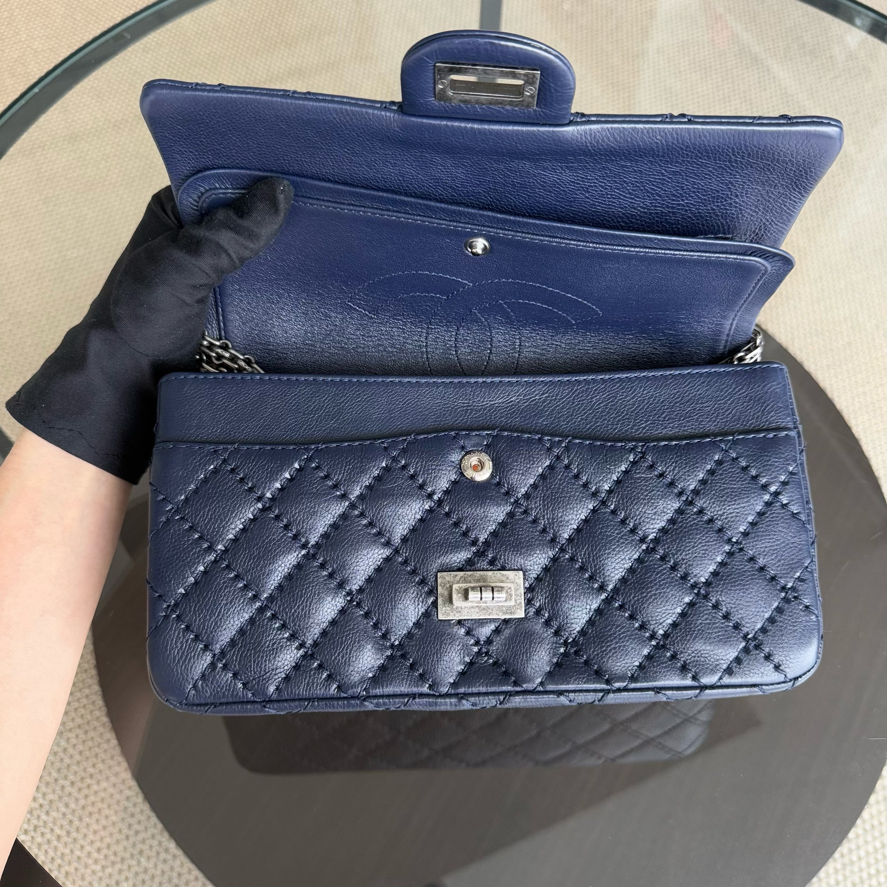 Chanel 2.55 225 Reissue - Small 24CM Quilted Grained Calfskin Dark Blue Ruthenium Silver Hardware Series 22