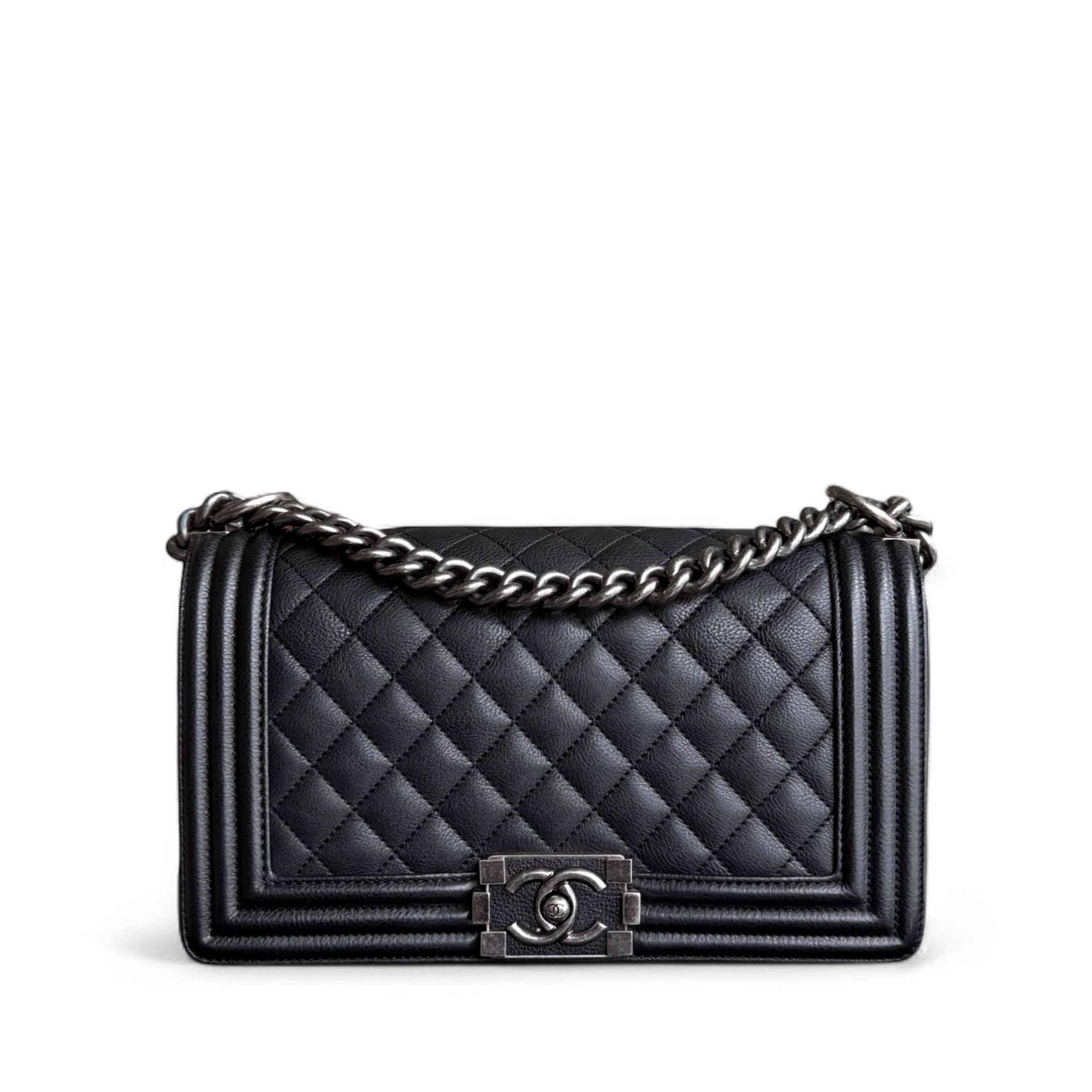 Chanel Boy Medium - Grained Calfskin 25CM Quilted Black Ruthenium Silver Hardware Series 23