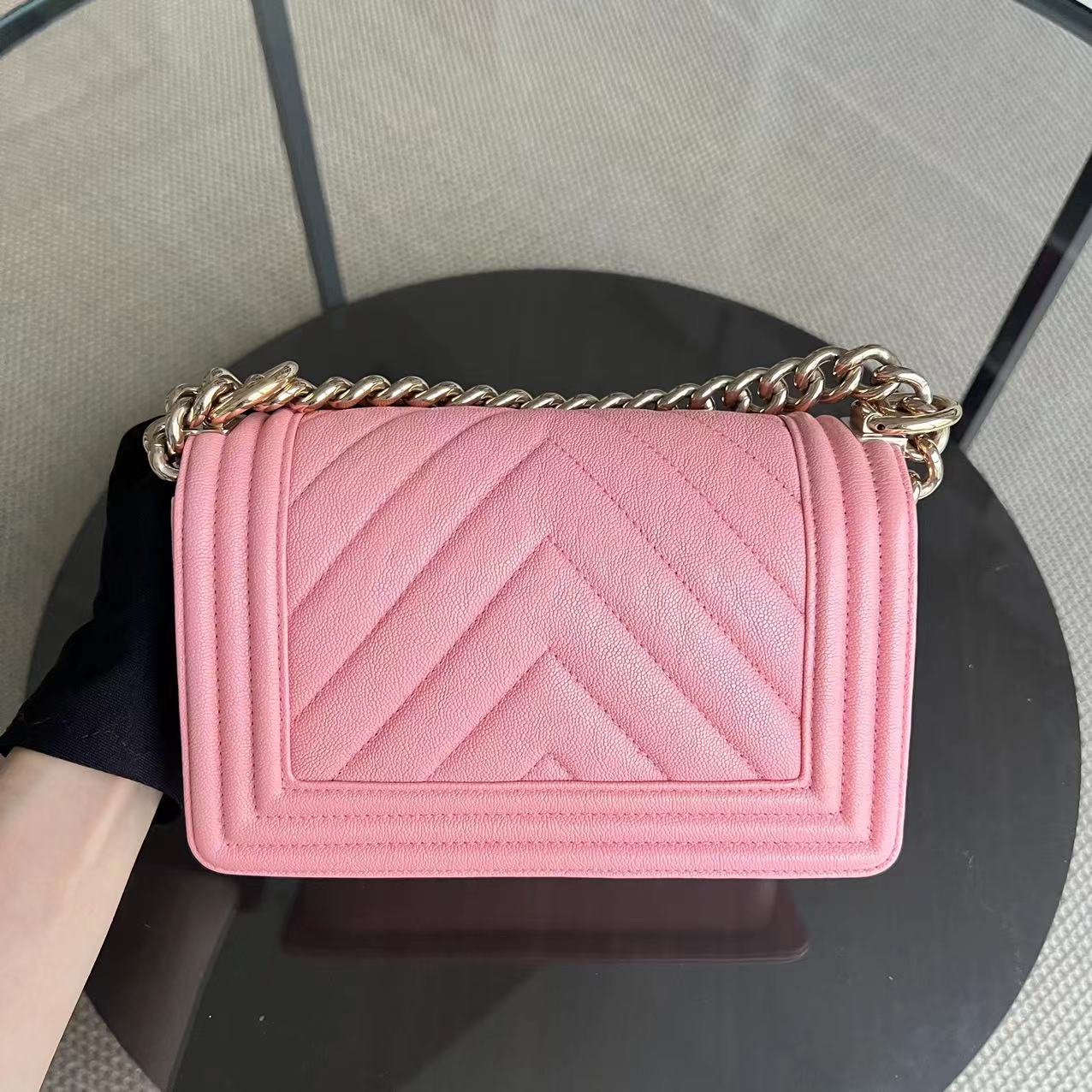 Chanel Boy Small - Caviar Chevron Calfskin Sakura Pink Golden Hardware Series 27