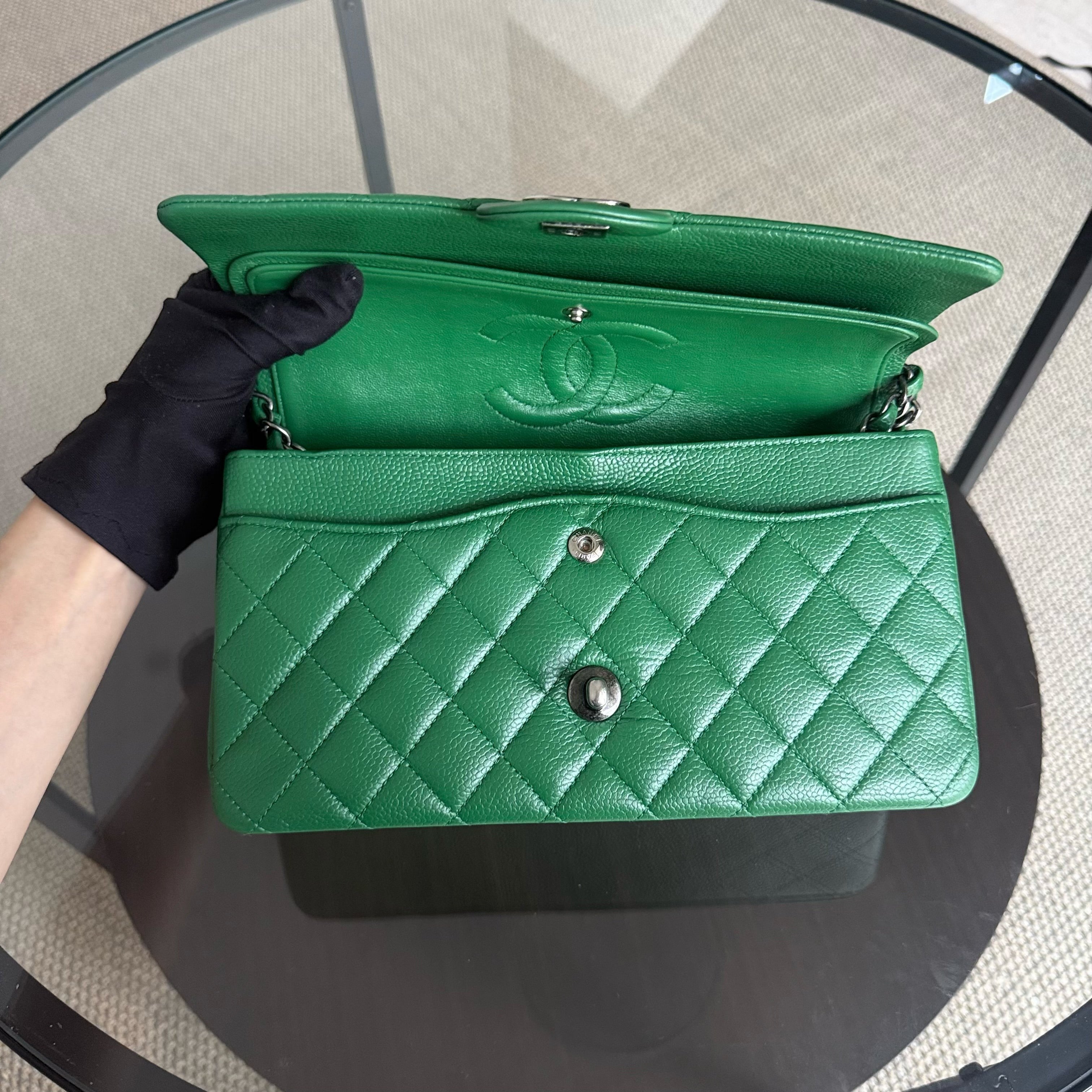 Chanel Classic Flap Medium - Caviar 25CM Quilted Double Flap Green Silver Hardware Series 21