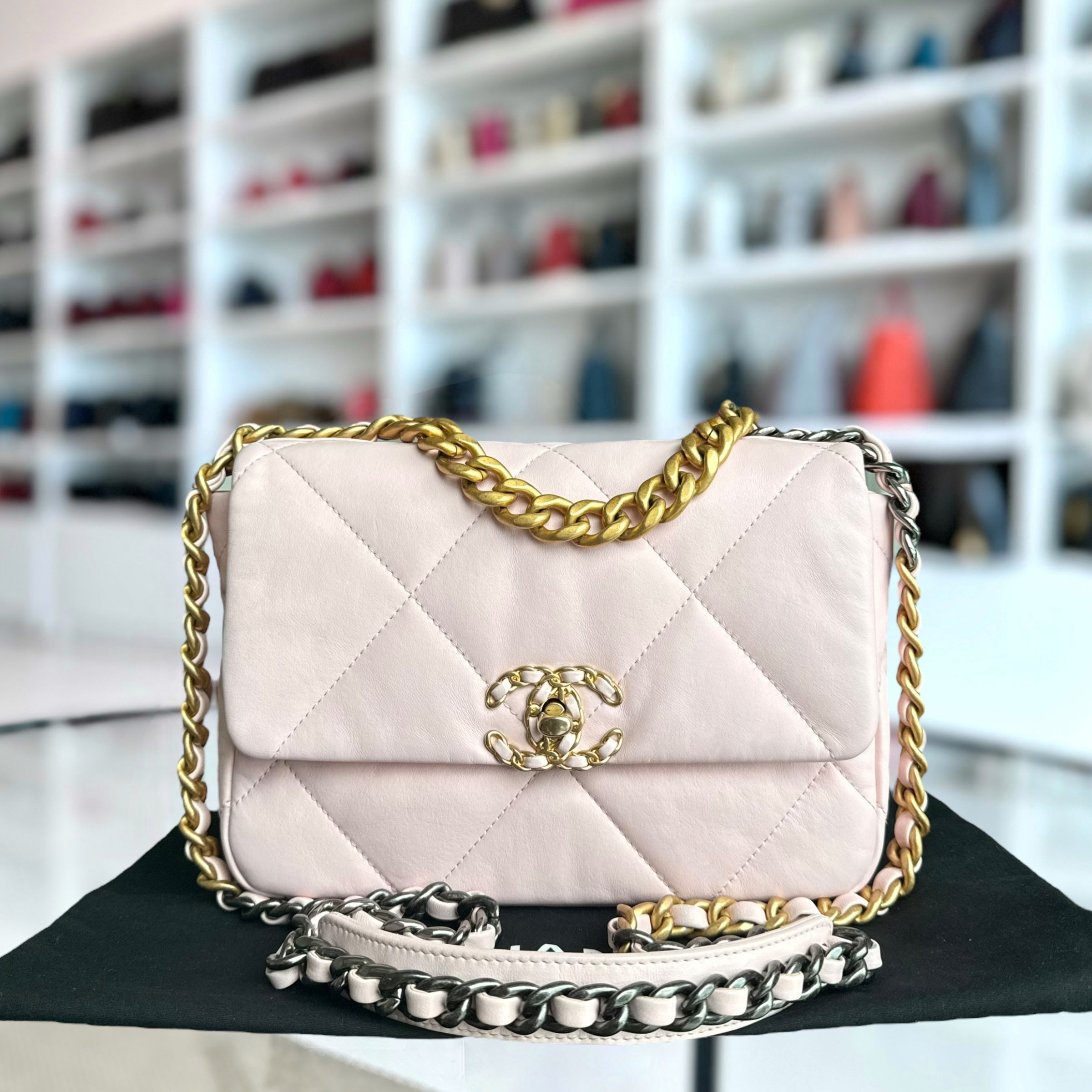 Chanel 19 Bag C19 Small - Quilted Goatskin Light Sakura Powder Pink Gold Two-tone Hardware Microchip