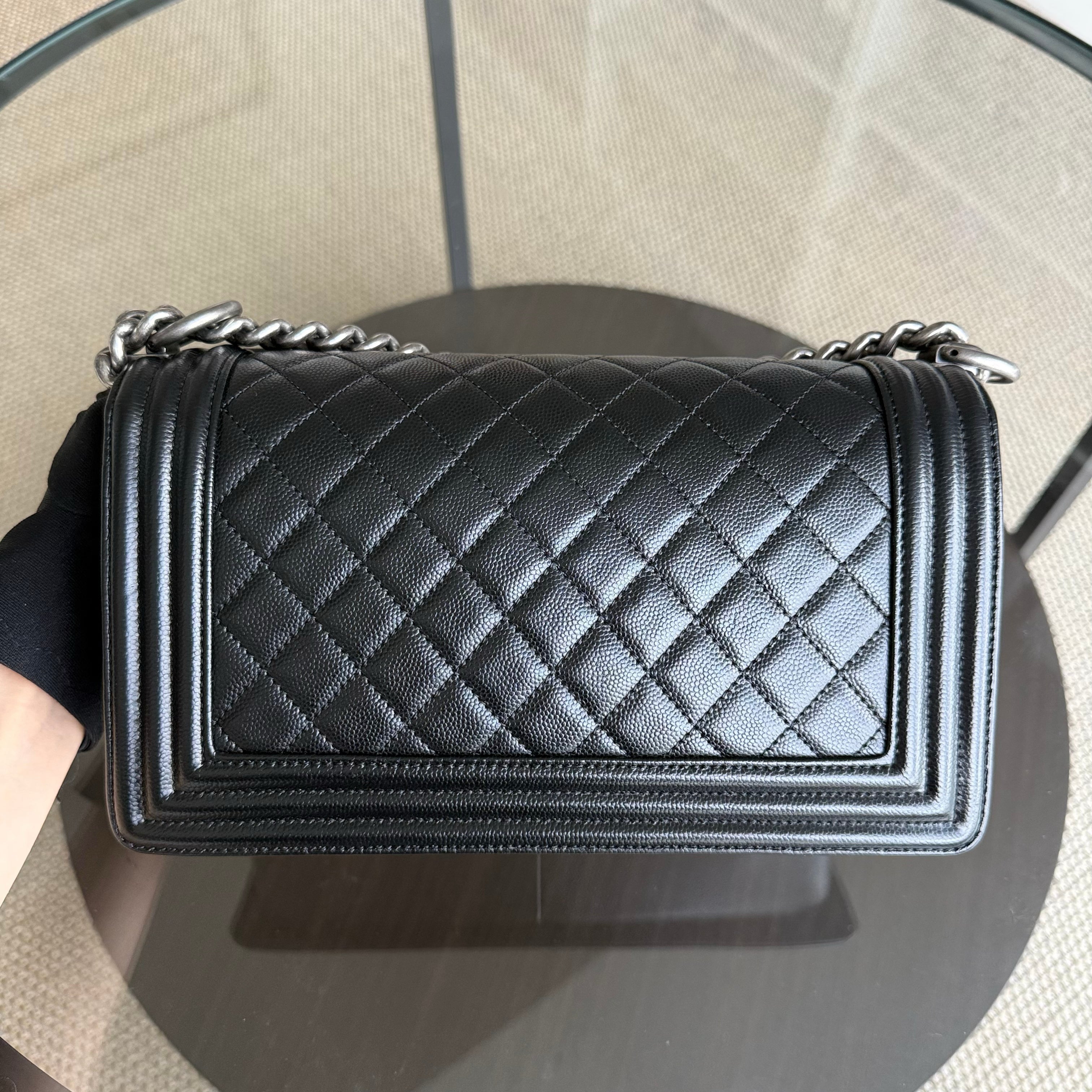 Chanel Boy Medium - Caviar 25CM Quilted Black Ruthenium Silver Hardware Series 25