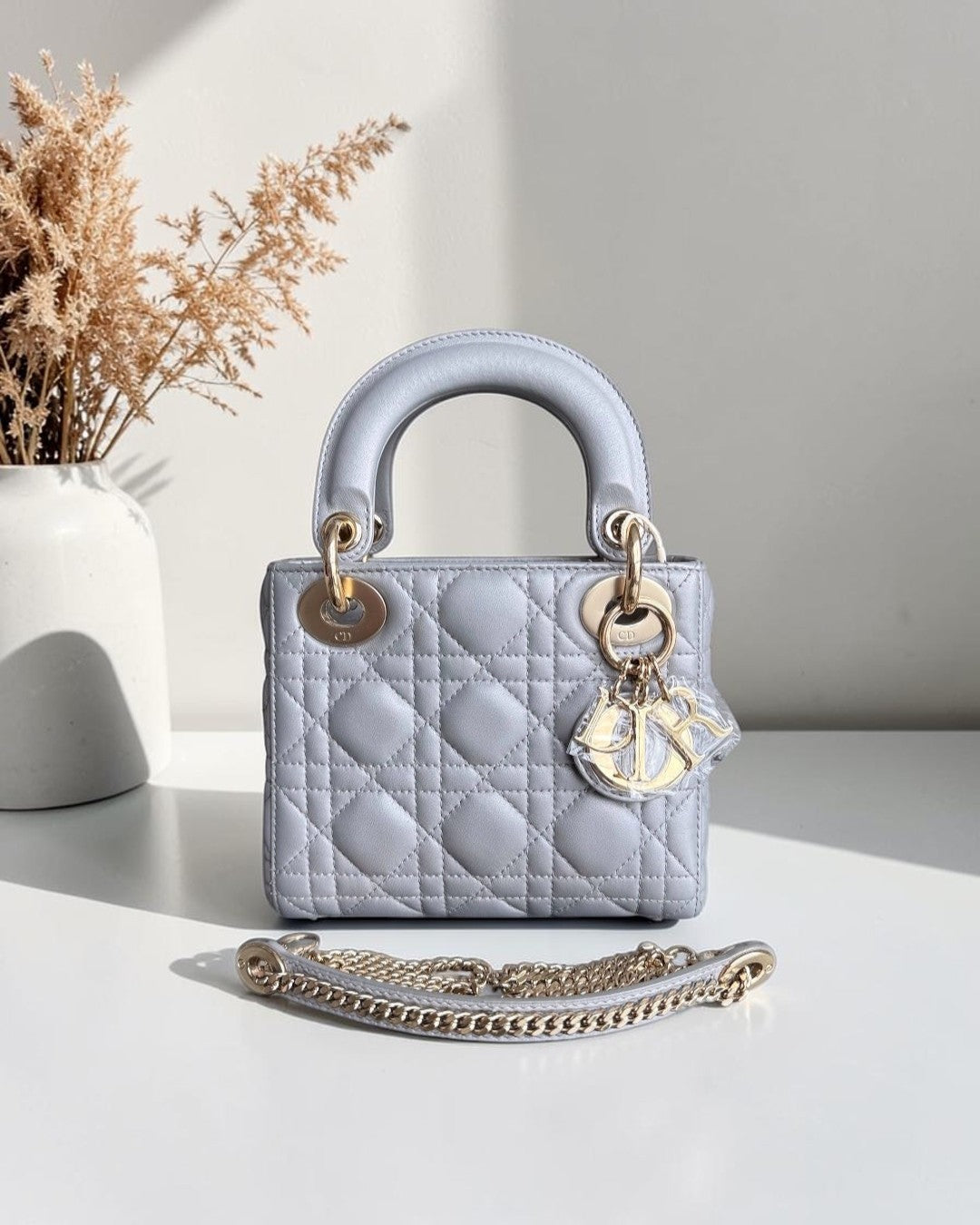 Dior Lady Mini - Cannage Lambskin Gray Gold Hardware Chain Strap