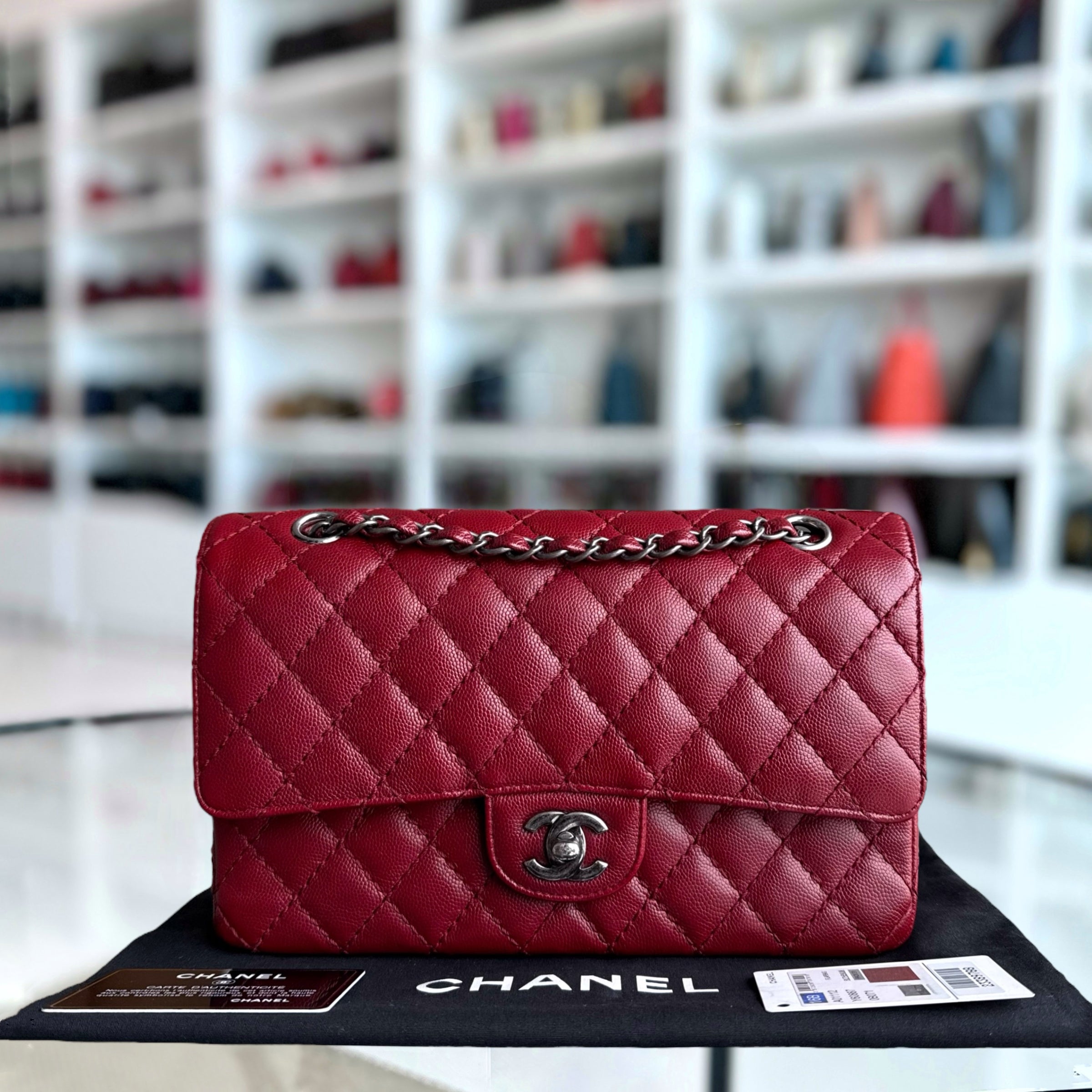 Chanel Classic Flap Medium - Caviar 25CM Quilted Burgundy Dark Red Ruthenium Silver Hardware Series 23