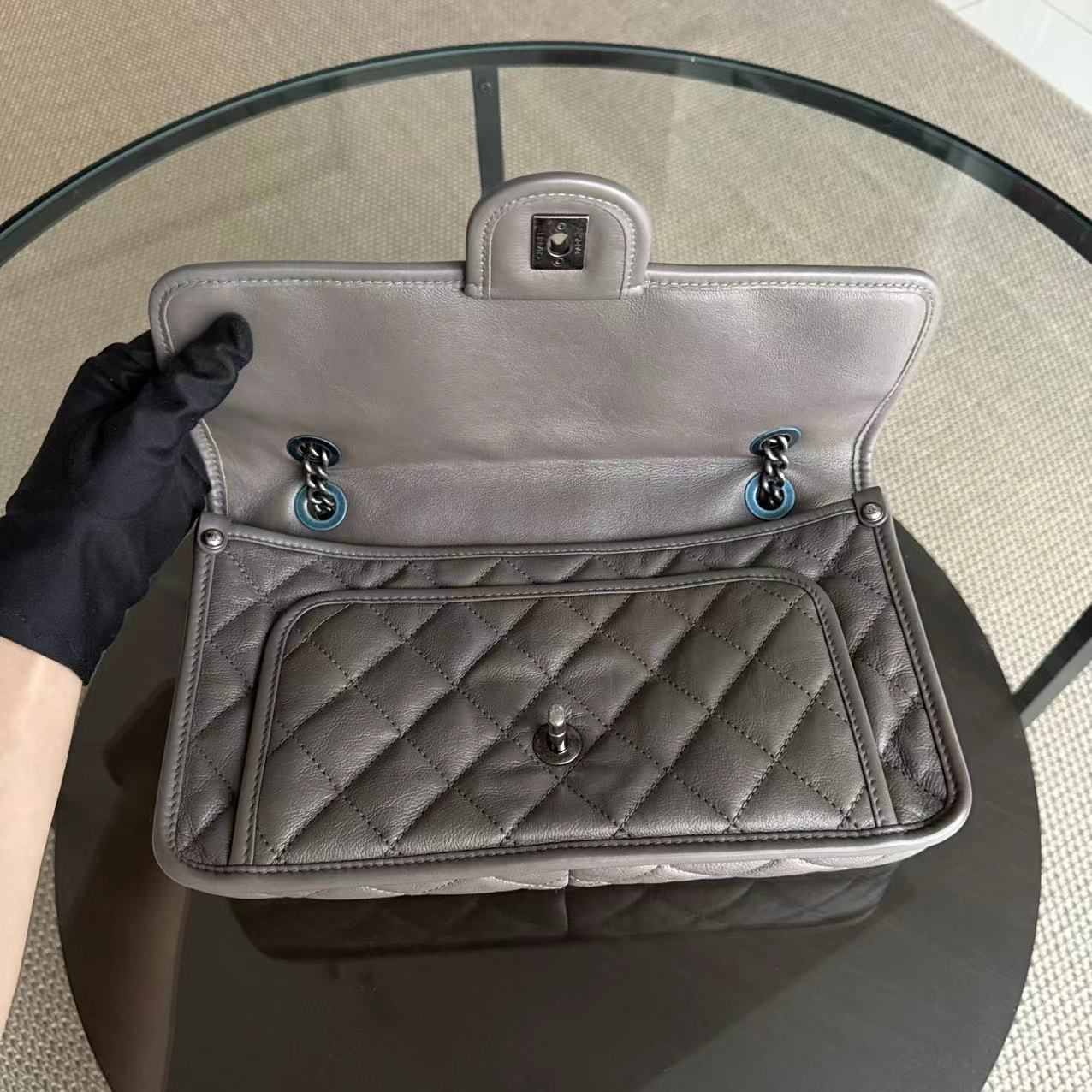 Chanel Flap French Riviera - Calfskin 28CM Grey Quilted Gray Ruthenium Palladium Silver Hardware Series 20