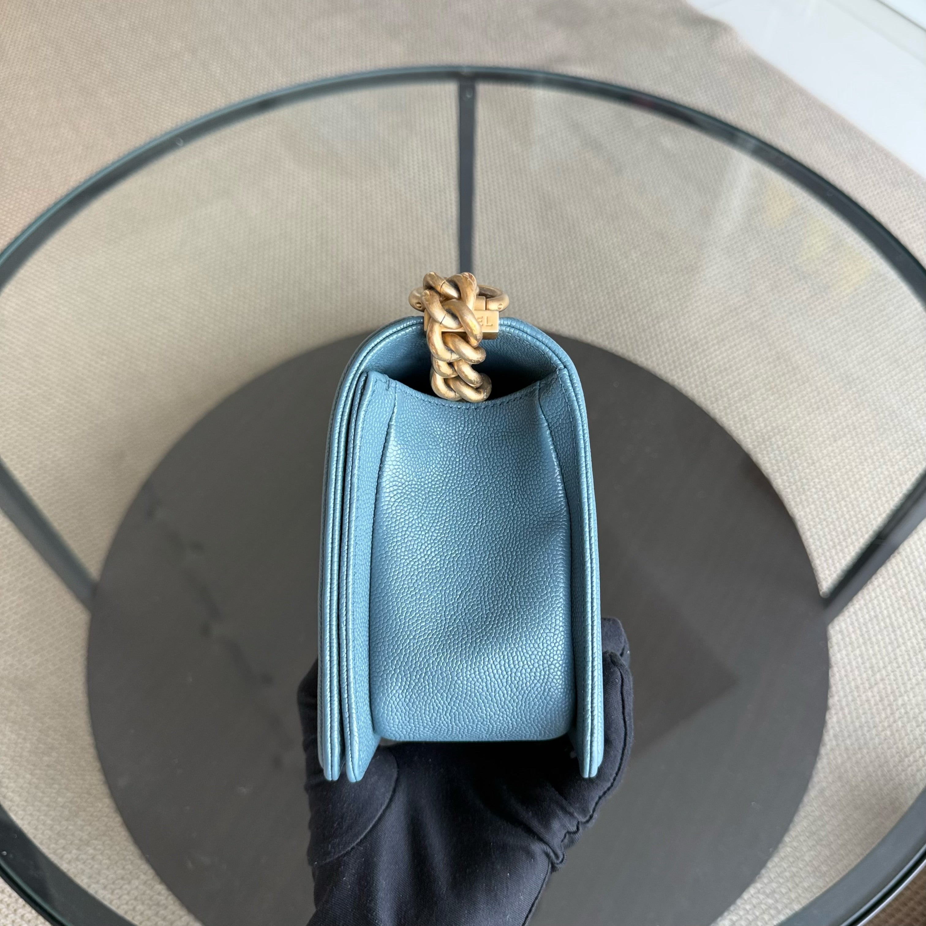 Chanel Boy Medium - Caviar 25CM Quilted Blue Gold Hardware 25