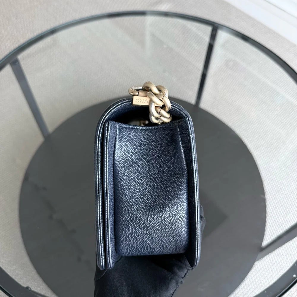 Chanel Boy Medium - Caviar 25CM Quilted Dark Blue Gold Hardware Series 25
