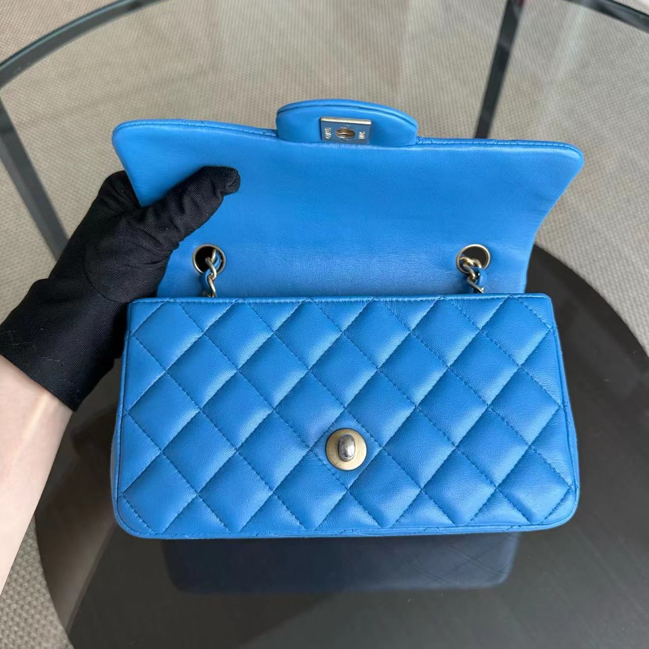 Classic Flap Mini Rectangle 20 CM Quilted Lambskin Blue Golden Hardware Series 27