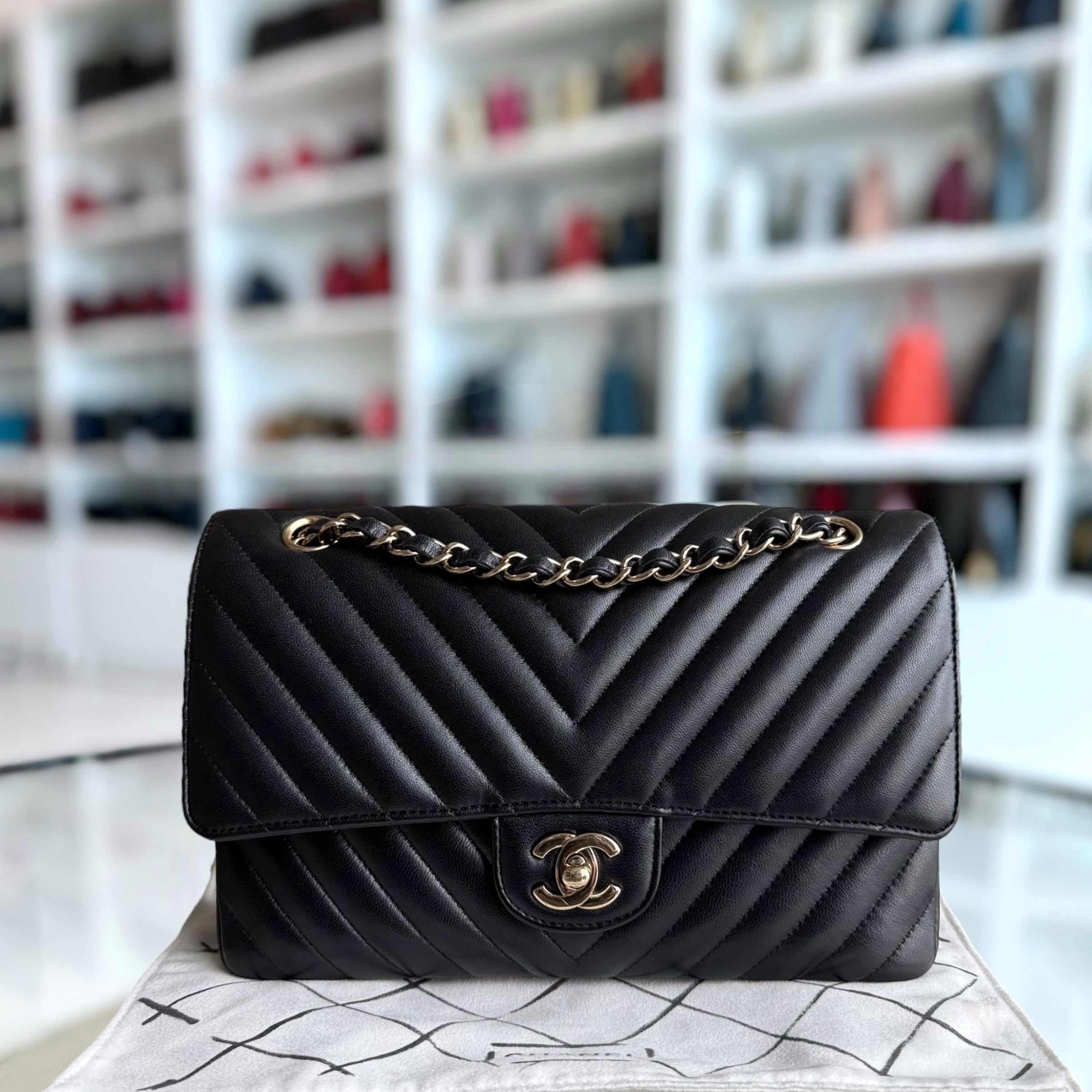 Chanel Classic Flap Medium - 25CM Chevron Lambskin Black Gold Hardware Series 25