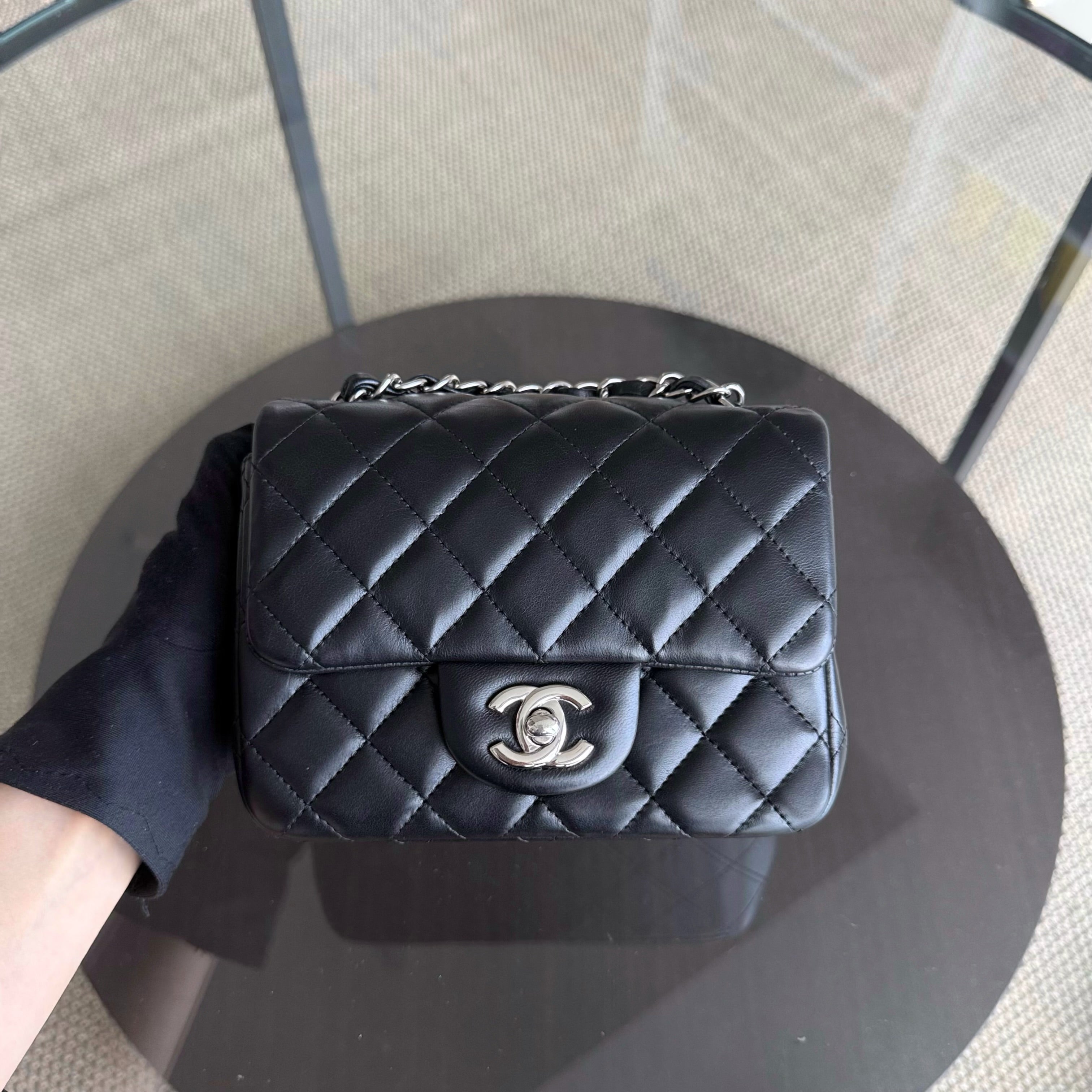 Chanel Classic Flap Mini Square - 17CM Quilted Lambskin Black Silver Hardware Series 19