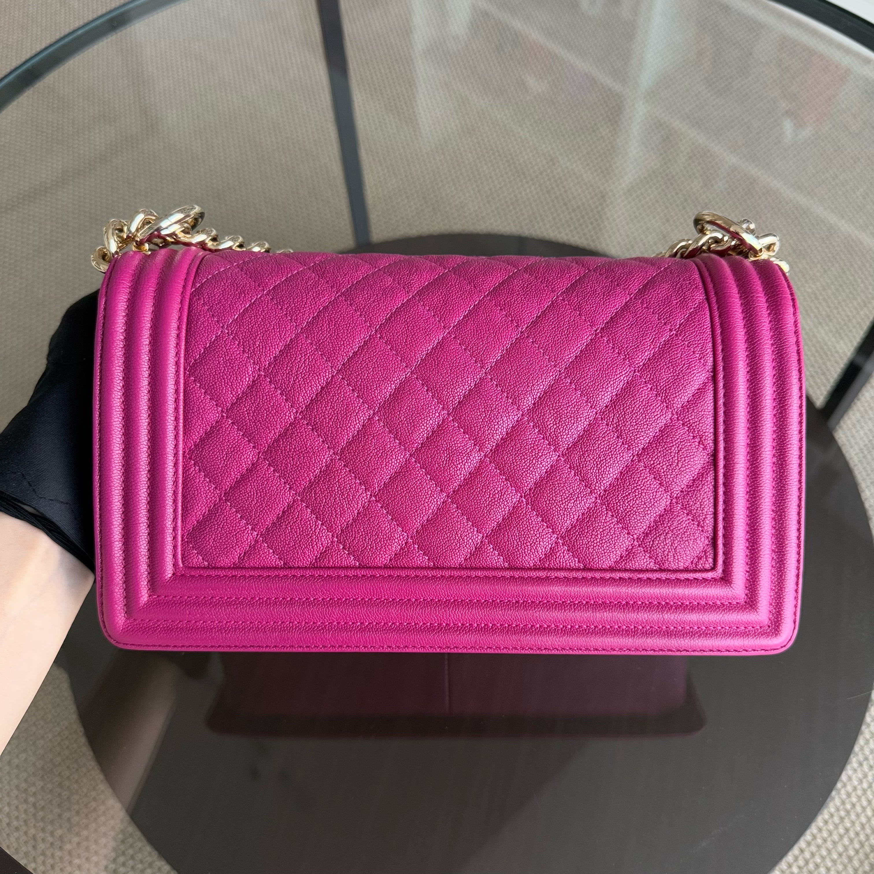 Chanel Boy Medium - 25CM Caviar Quilted Hot Pink Gold Hardware Series 28