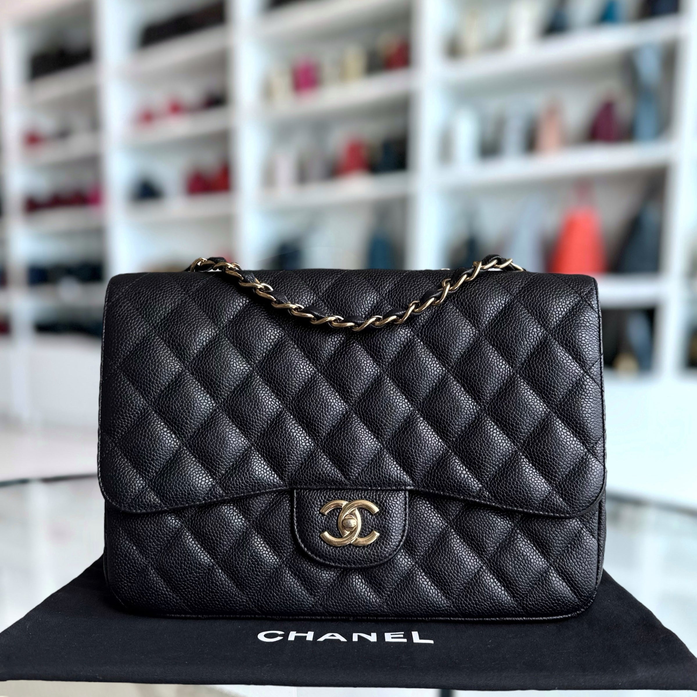 Chanel Classic Flap Jumbo - Caviar 30CM Single Flap Quilted Black Gold Hardware Series 13