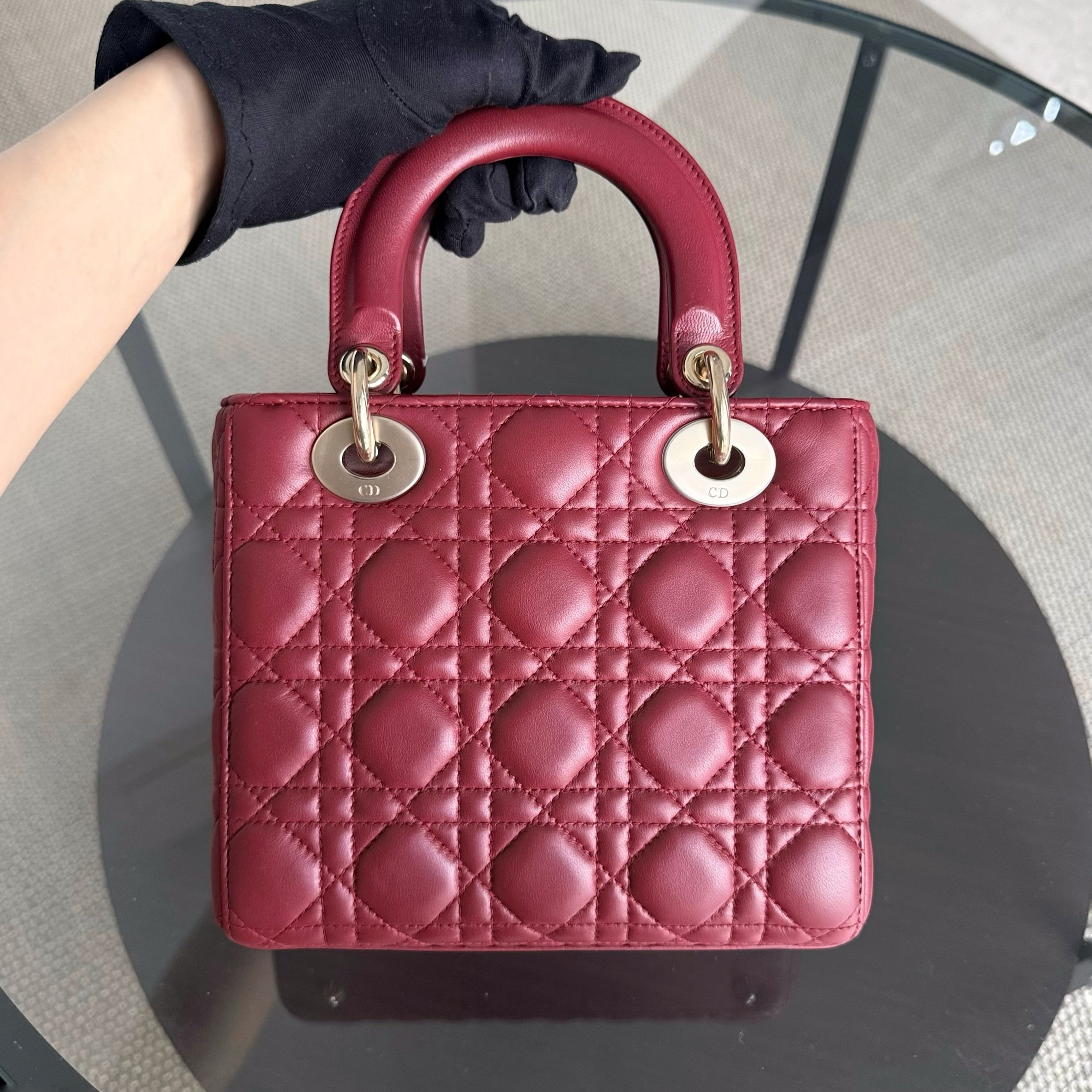 Dior Lady Small Flap - Cannage Lambskin Dark Red Burgundy Gold Hardware