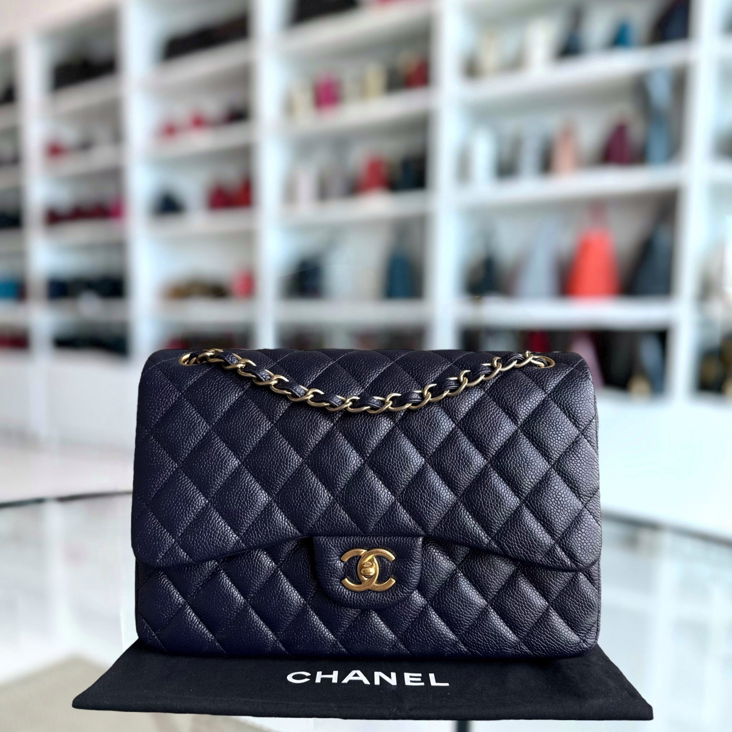 Chanel Classic Flap Jumbo - Caviar Double Flap 30CM Quilted Dark Blue Gold Hardware Series 21