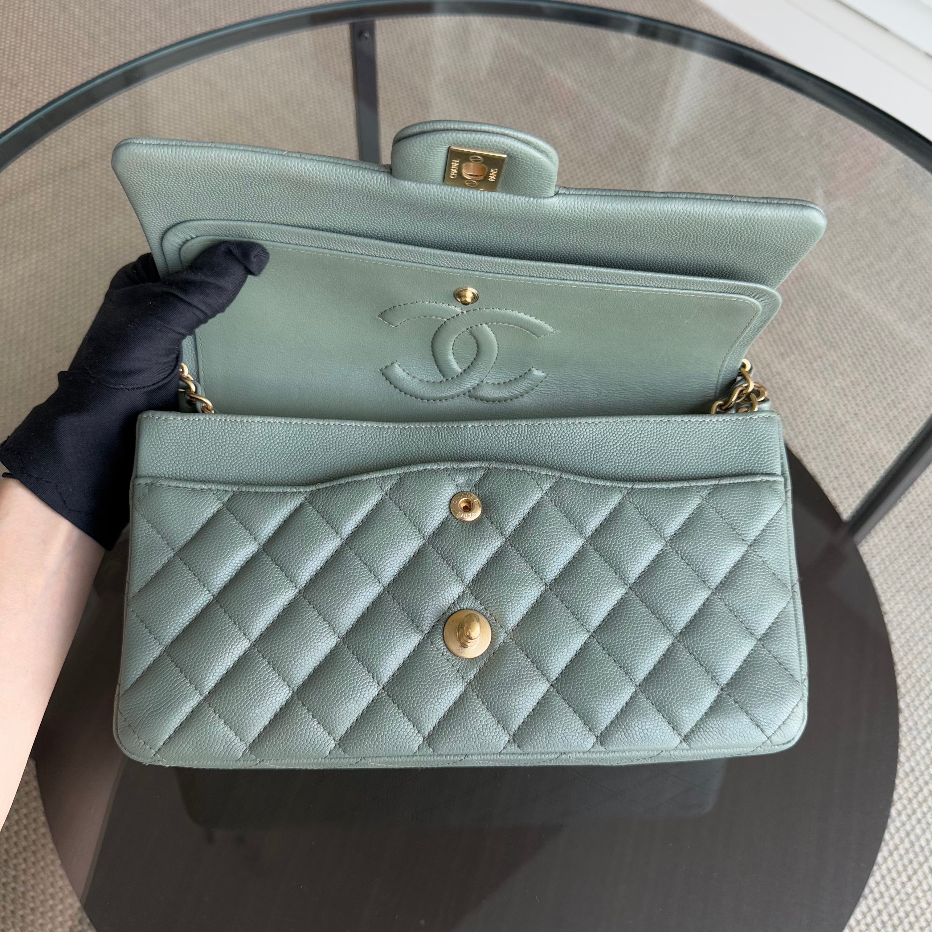 Chanel Classic Flap Medium - Caviar 25CM Quilted Light Green Gold Hardware Series 25