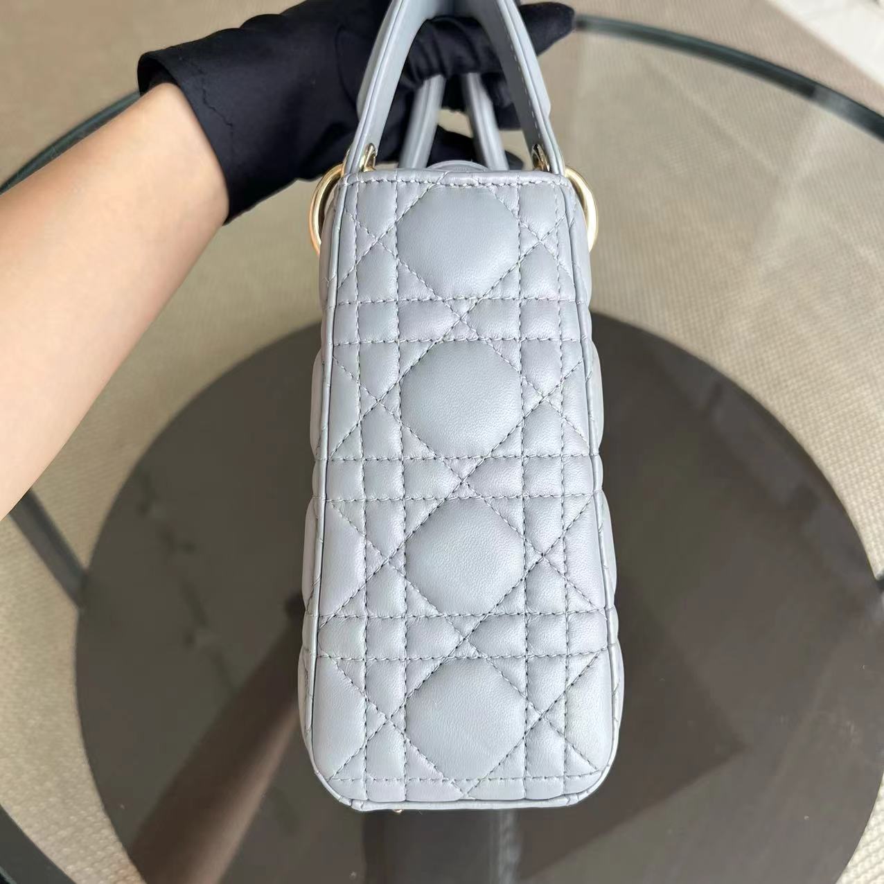 Dior Lady Small Size Lambskin Cannage Grey Gray Golden Hardware ABC