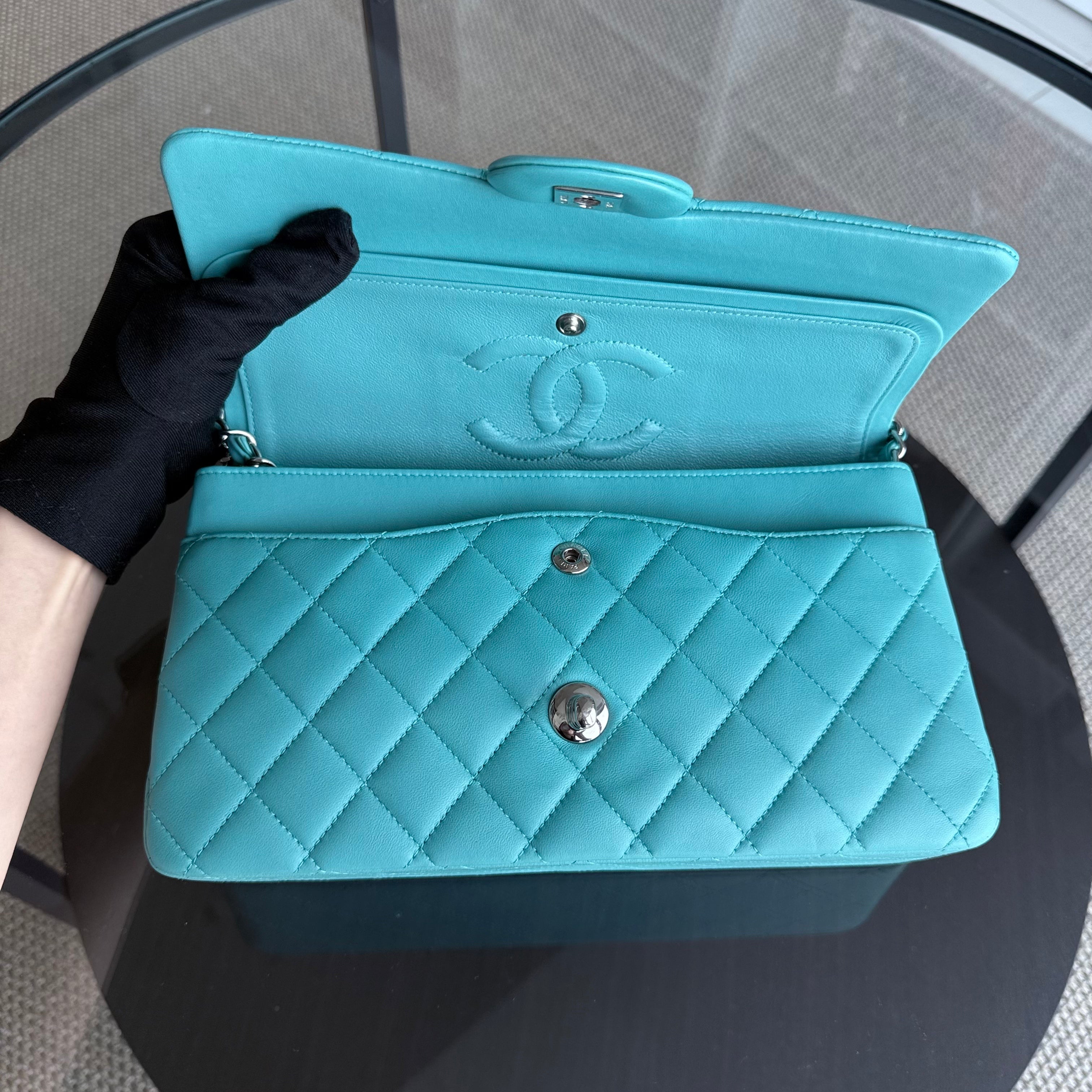 Chanel Classic Flap Medium - 25CM Quilted Lambskin Light Blue Silver Hardware Series 19