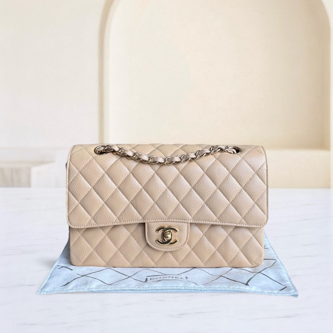 Chanel Classic Flap Medium - Caviar 25CM Quilted Grained Calfskin Beige Gold Hardware Series 18