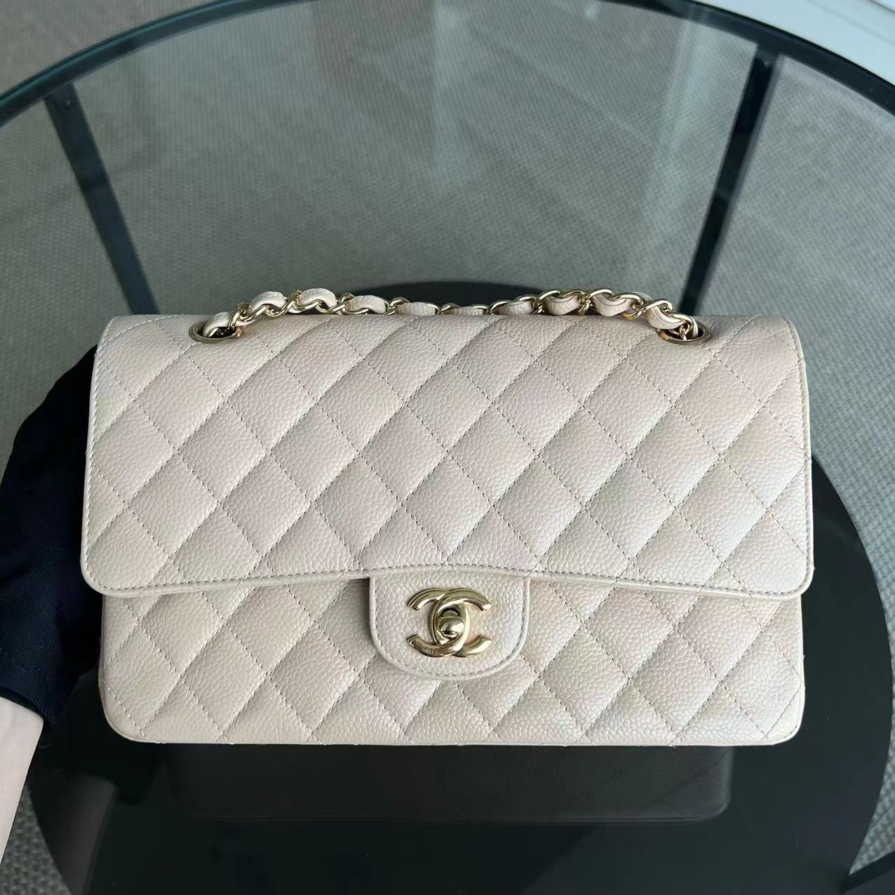 Chanel Caviar Medium Classic Flap Double Flap Quilted Grained Calfskin Beige Golden Hardware Series 15