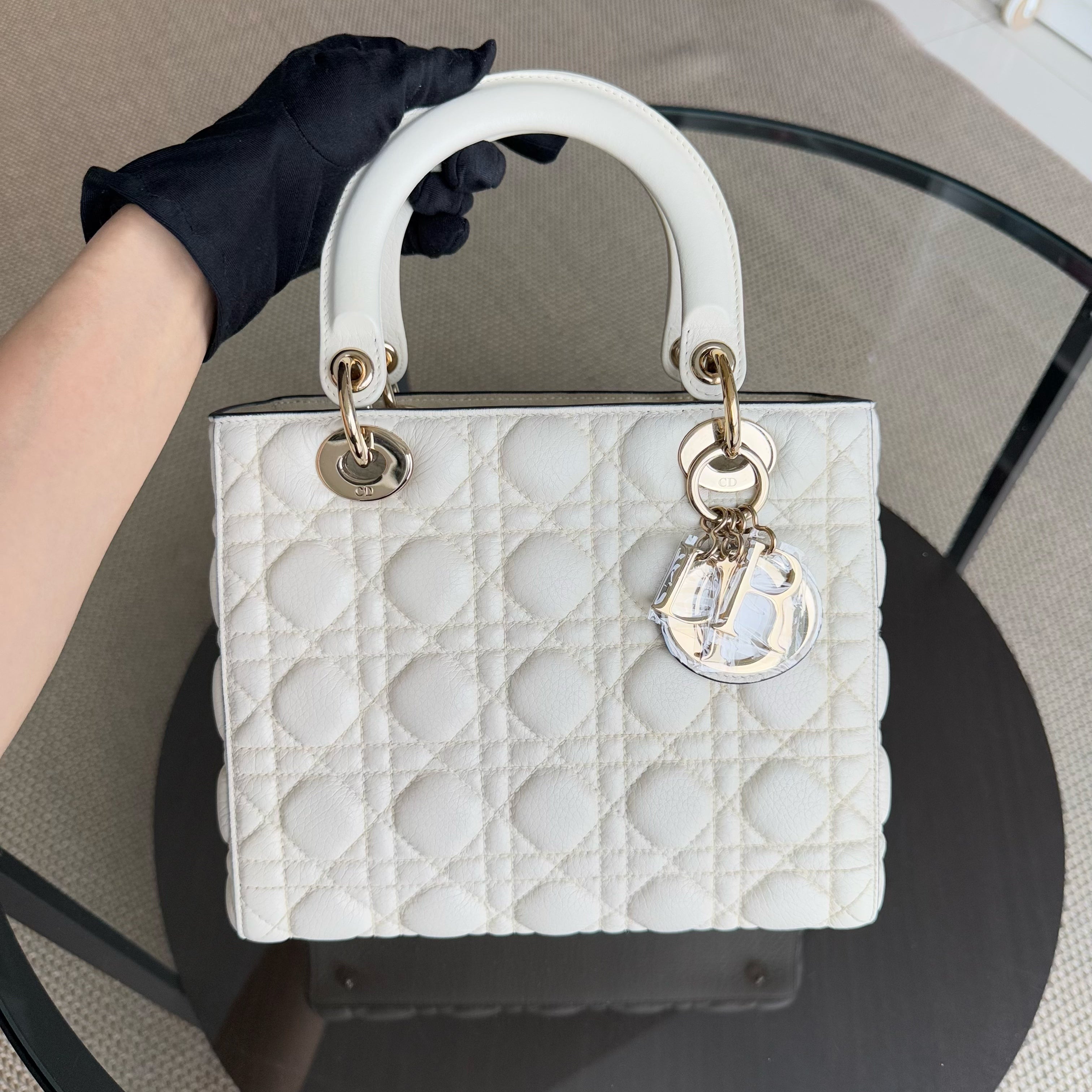 Dior Lady Medium Flap - Grained Calfskin Cannage Cream White Gold Hardware